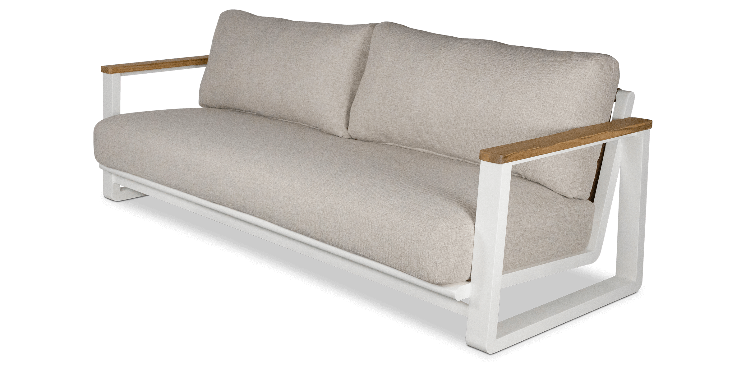 Aruba 3 Seater with Synthetic Leather Inset, Teak Arms, Stone Olefin Cushions and Aluminium Frame
