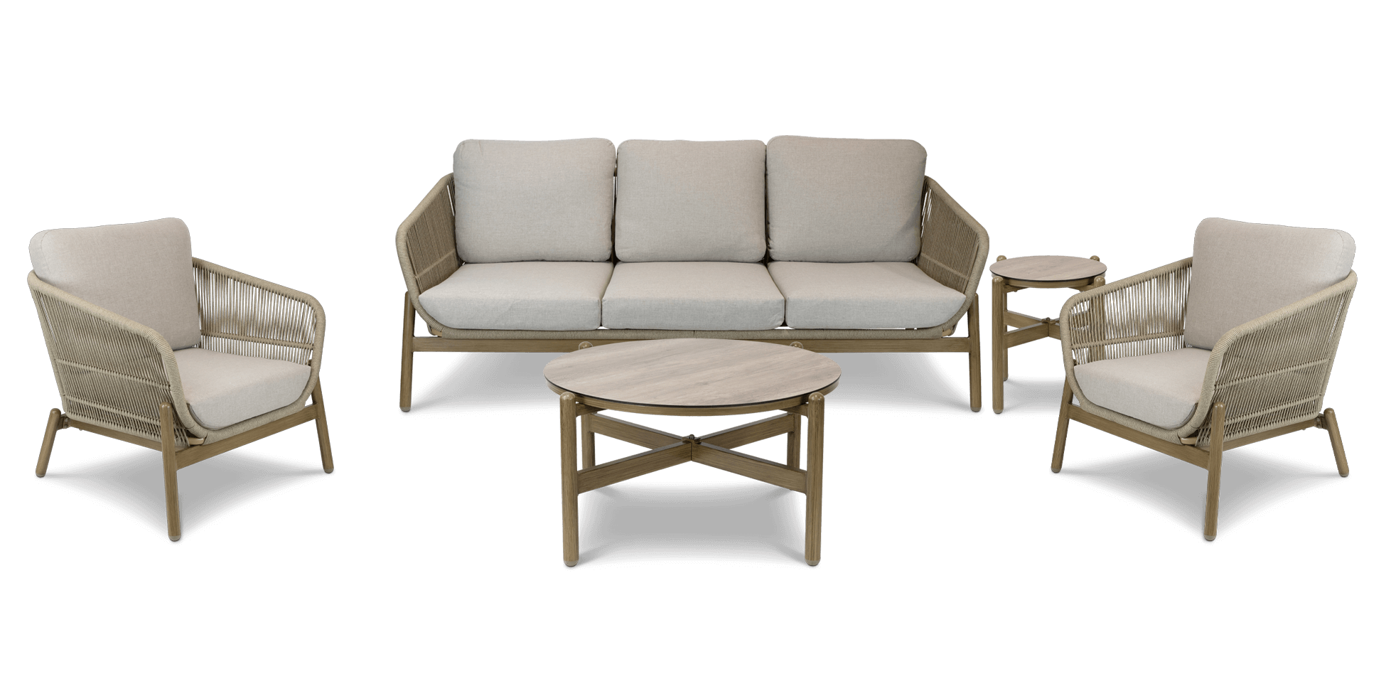 Tahiti Outdoor 3 Seater, 2 x Armchair, Coffee & Side Table in Aluminium and Rope