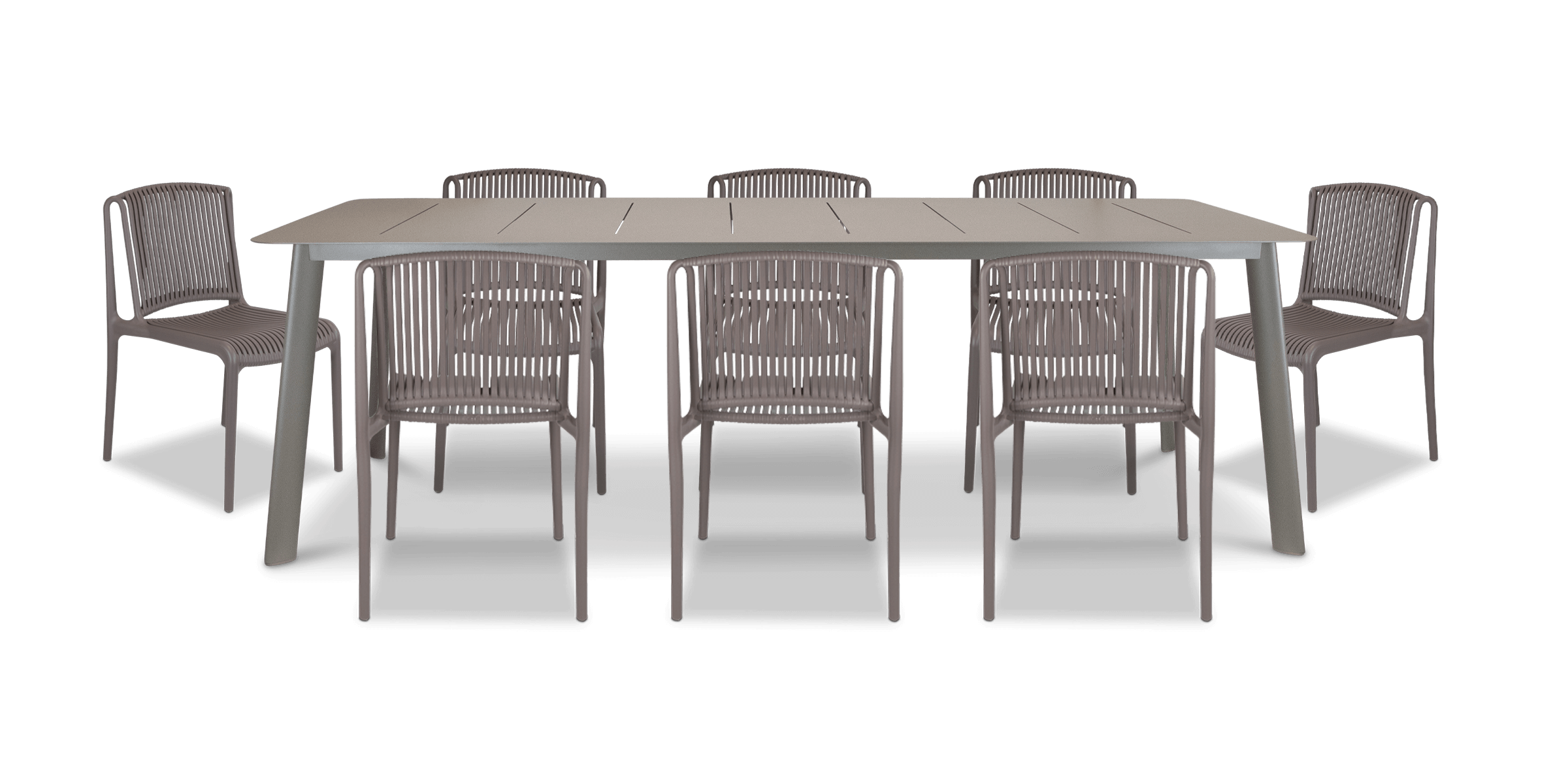 Antigua Rectangle 9pc Outdoor Dining Setting in Taupe with UV Plastic Outdoor Dining Chairs