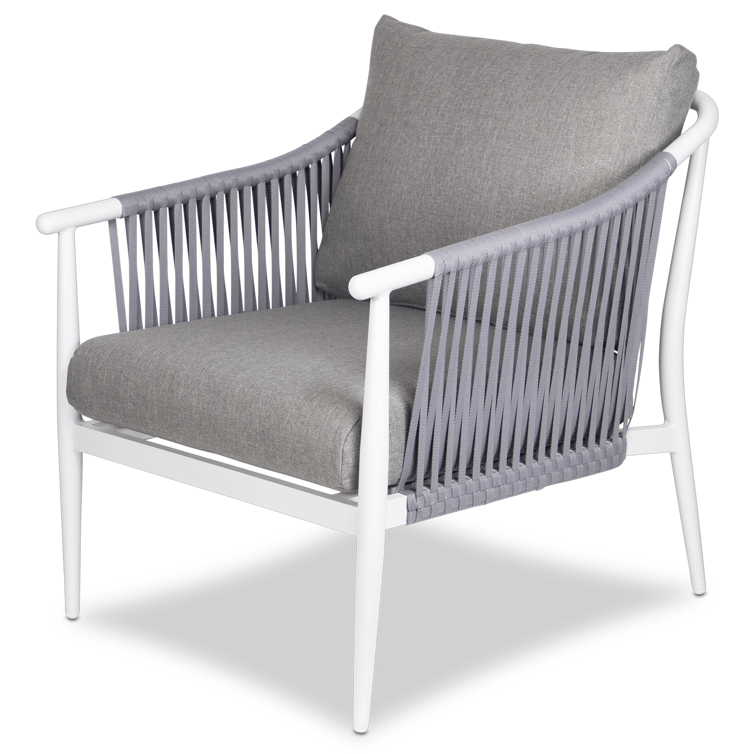 Marbella Outdoor Armchair in Arctic White with Sahara Olefin Cushions and Pewter Rope