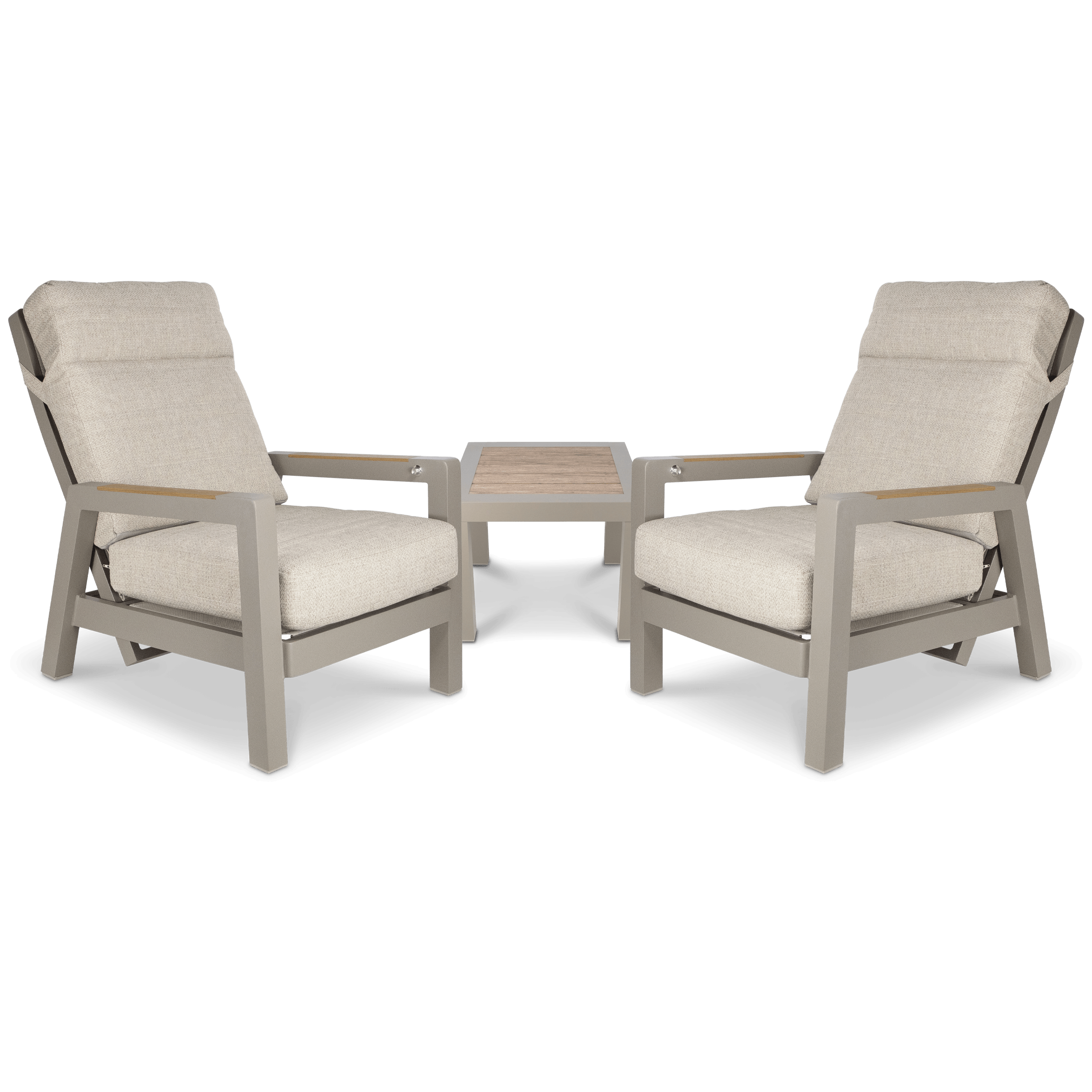 Atlanta 3pc Occasional Set with recline function in Taupe with Latte Spun Polyester Cushions and Polywood Accent
