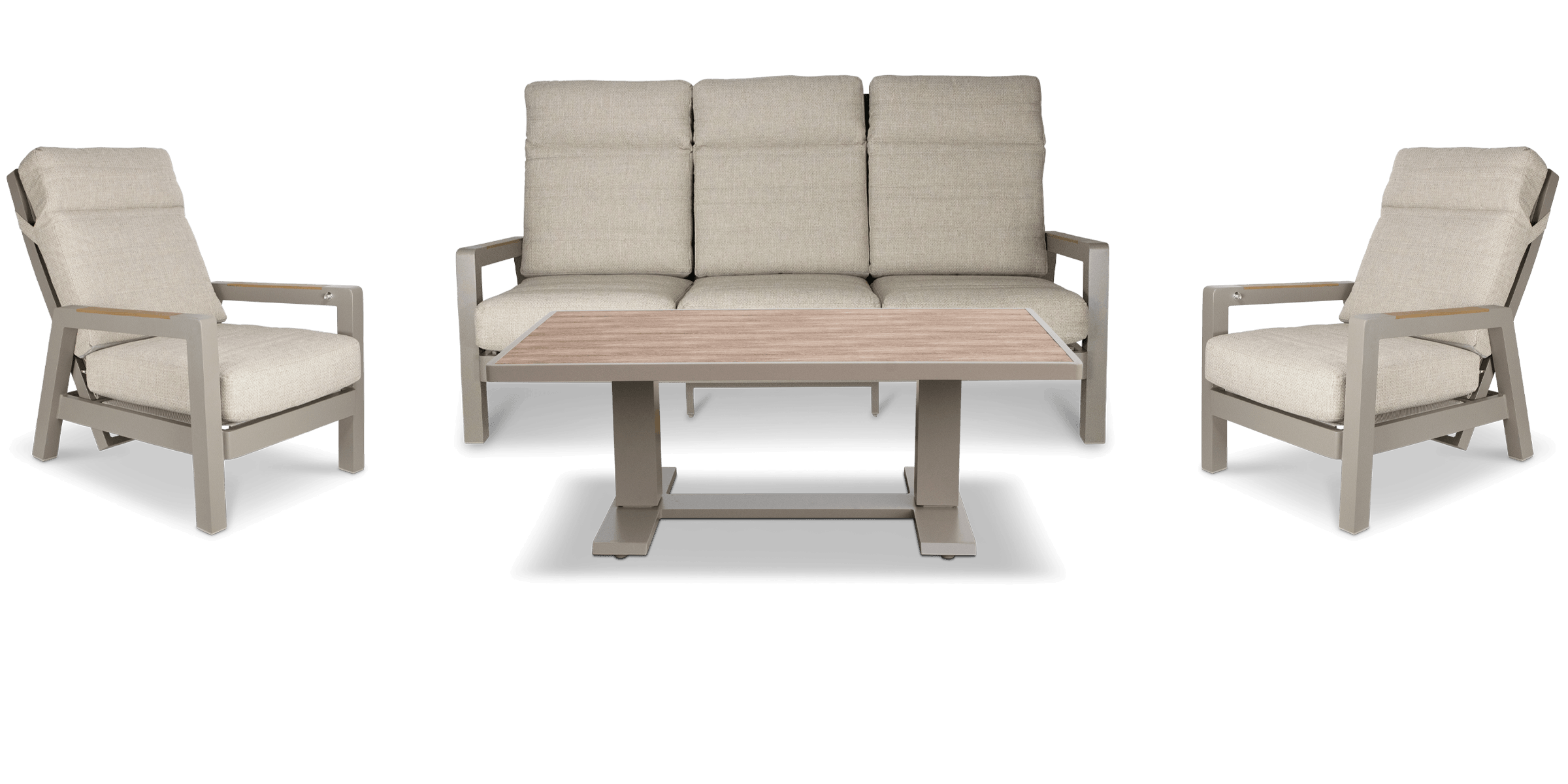 Atlanta 4pc Lounge Set with recline function in Taupe with Latte Spun Polyester Cushions and Polywood Accent