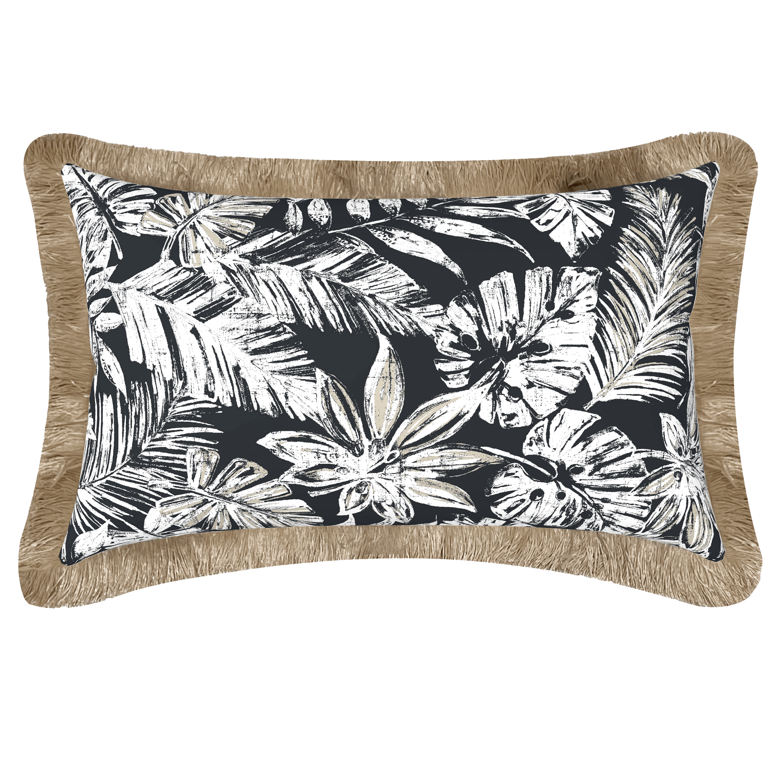 Tahiti Black Escape - 30x50cm Fringed Outdoor Cushion