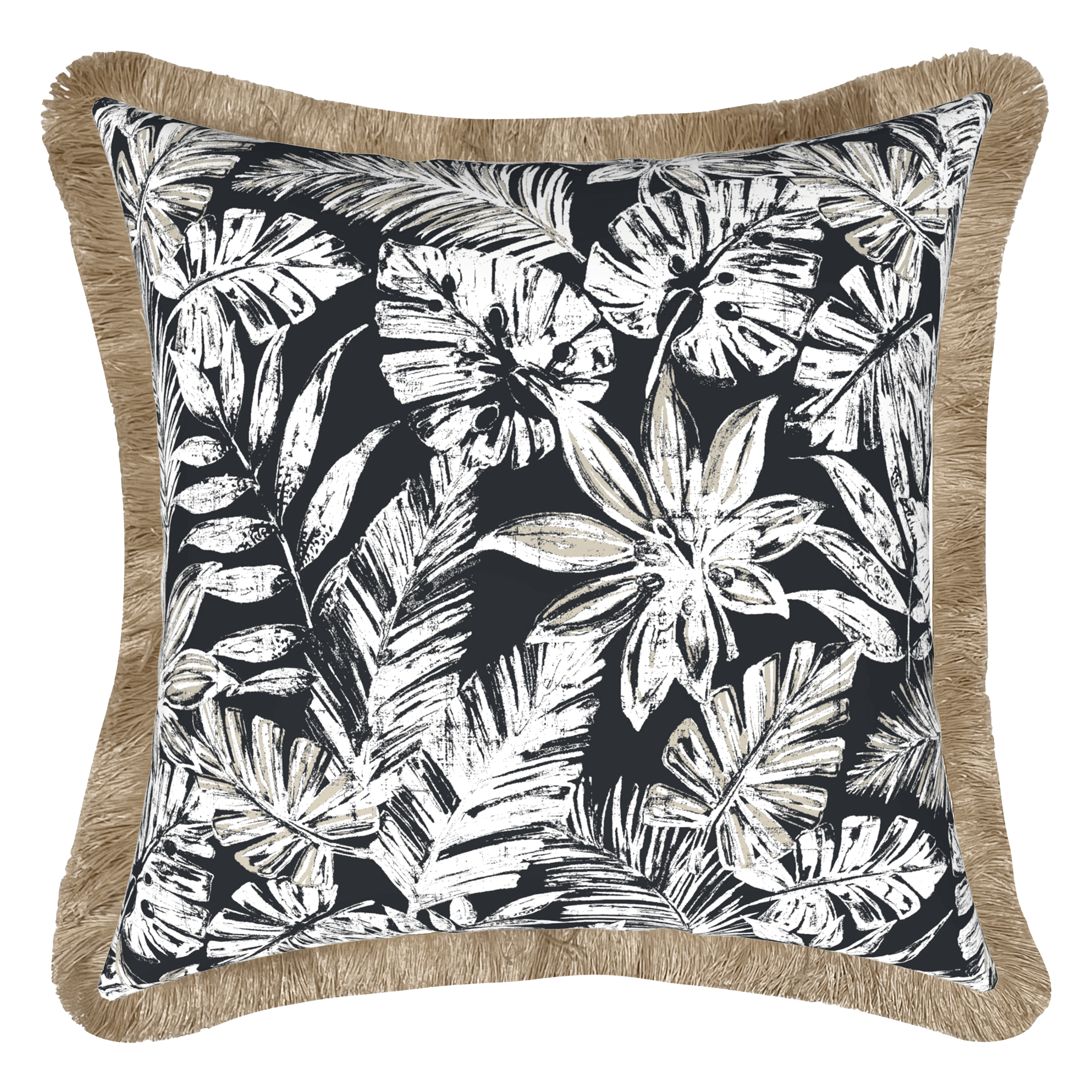 Tahiti Black Escape - 50x50cm Fringed Outdoor Cushion