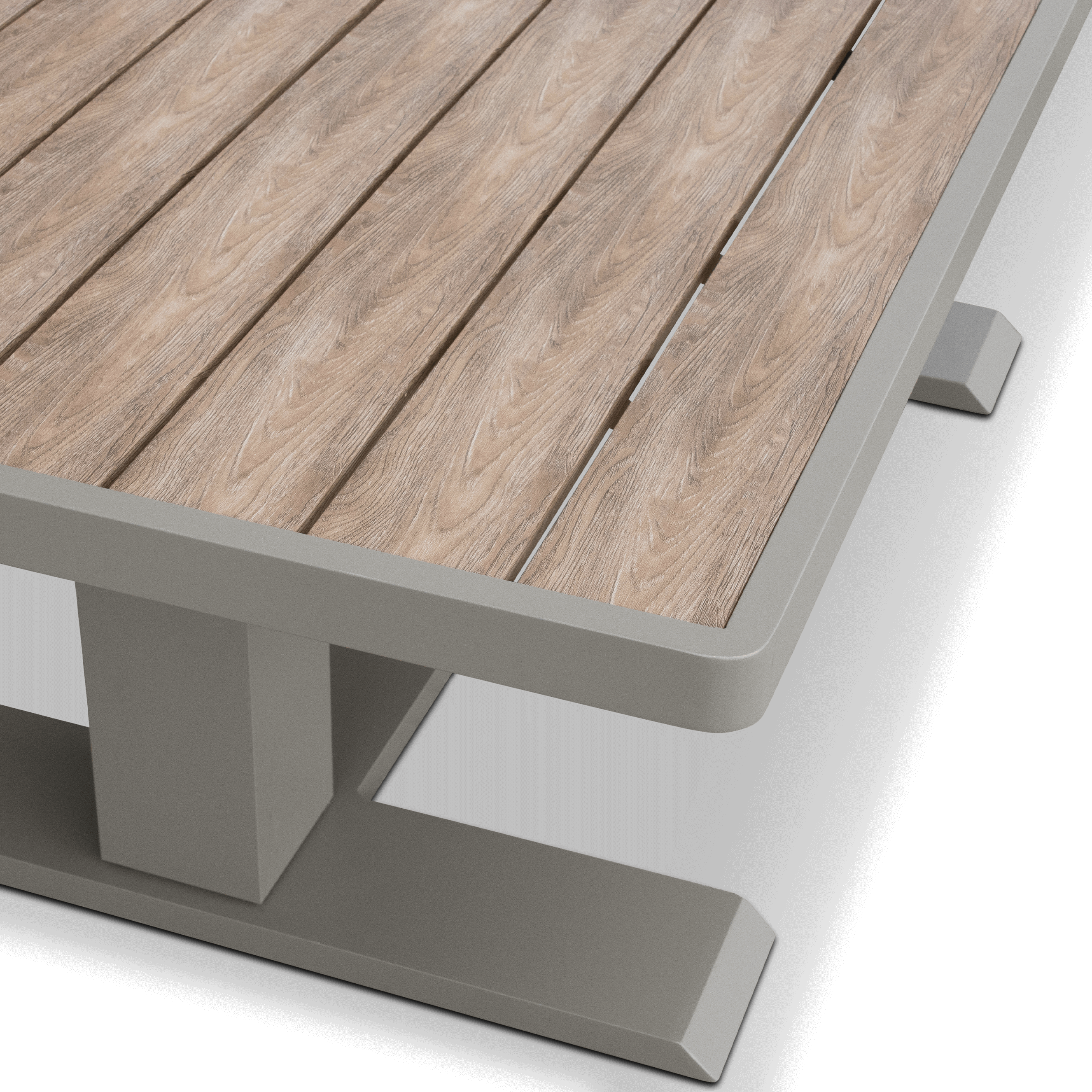 Positano Corner Lounge in Taupe with an Adjustable Coffee Table, Polywood Inset with Latte Check Spun Polyester Cushions