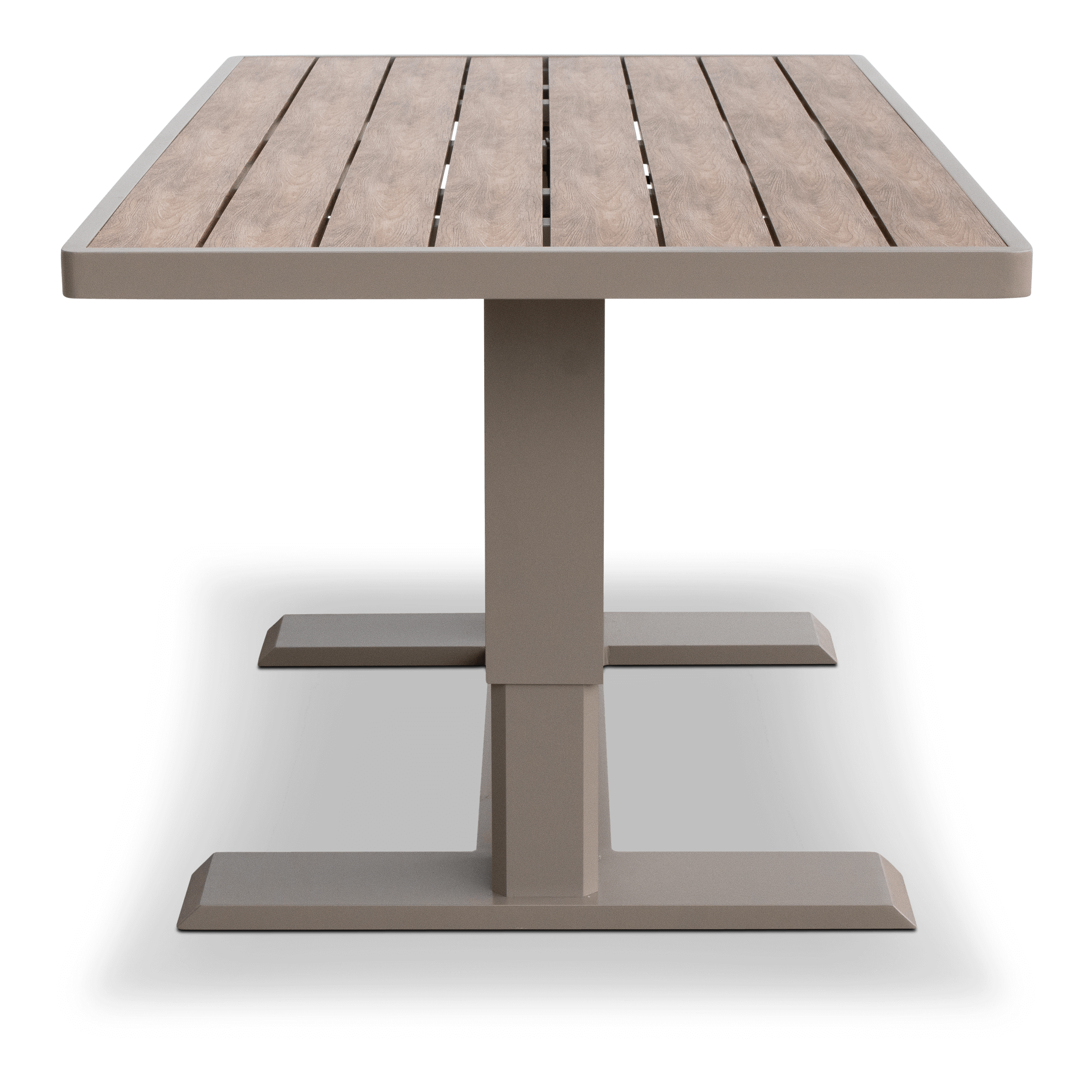 Positano Corner Lounge in Taupe with an Adjustable Coffee Table, Polywood Inset with Latte Check Spun Polyester Cushions