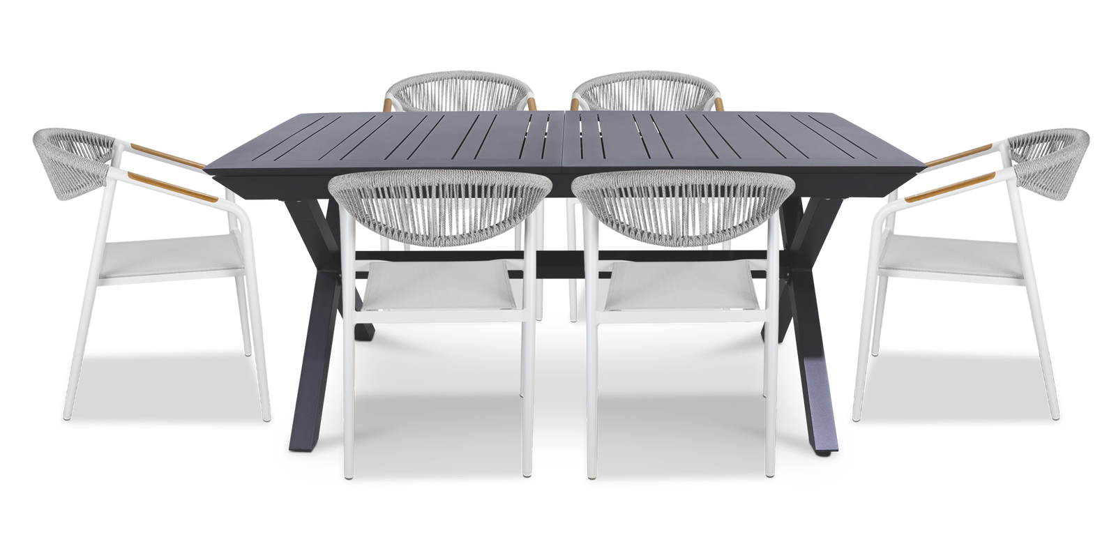 Caribbean Outdoor Extension Table in Gunmetal with Rope Chairs - The Furniture Shack