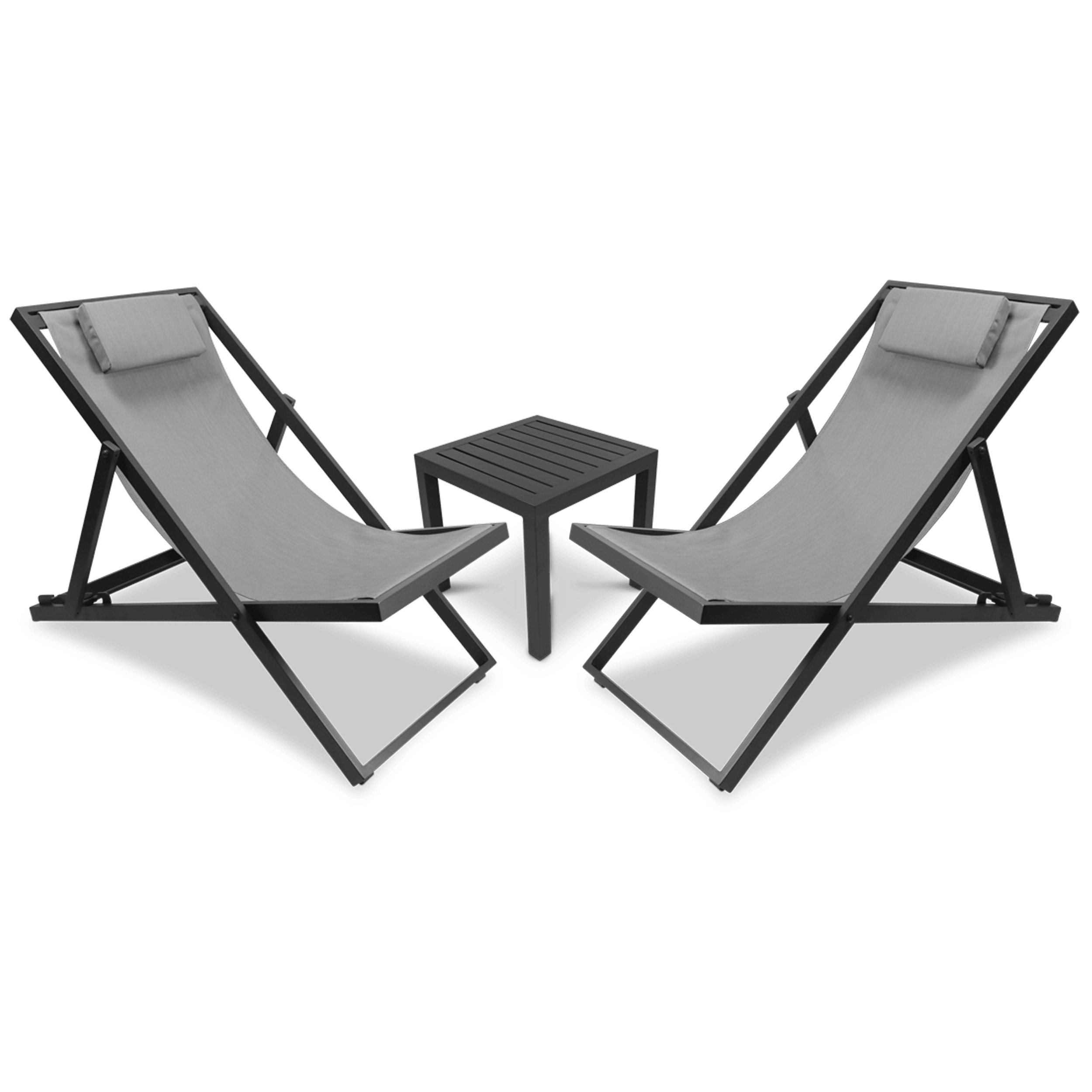 Chill Deck Chair and San Sebastian 3pc Occasional Set in Gunmetal and Charcoal Grey Textilene