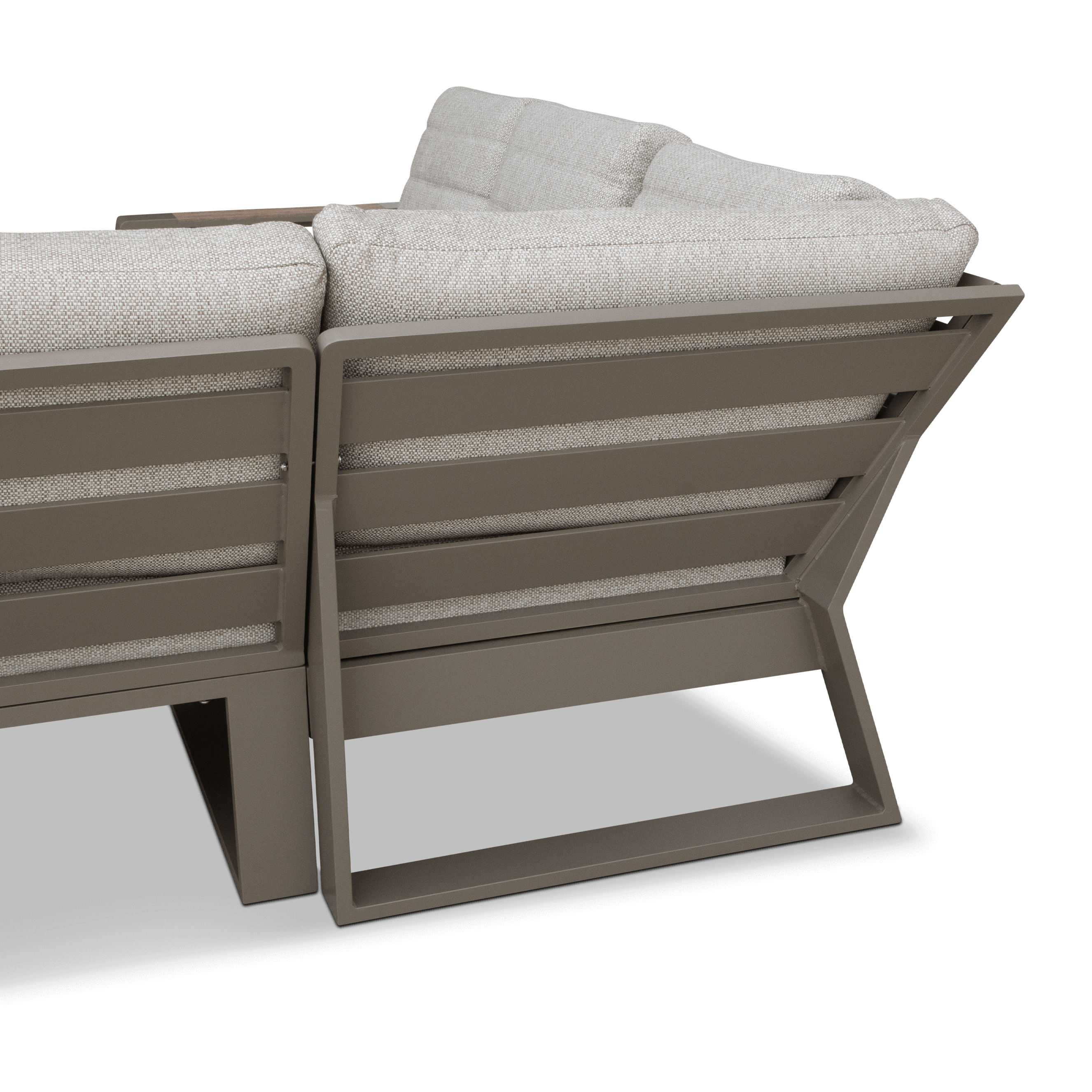 Positano Corner Lounge in Taupe with an Adjustable Coffee Table, Polywood Inset with Latte Check Spun Polyester Cushions