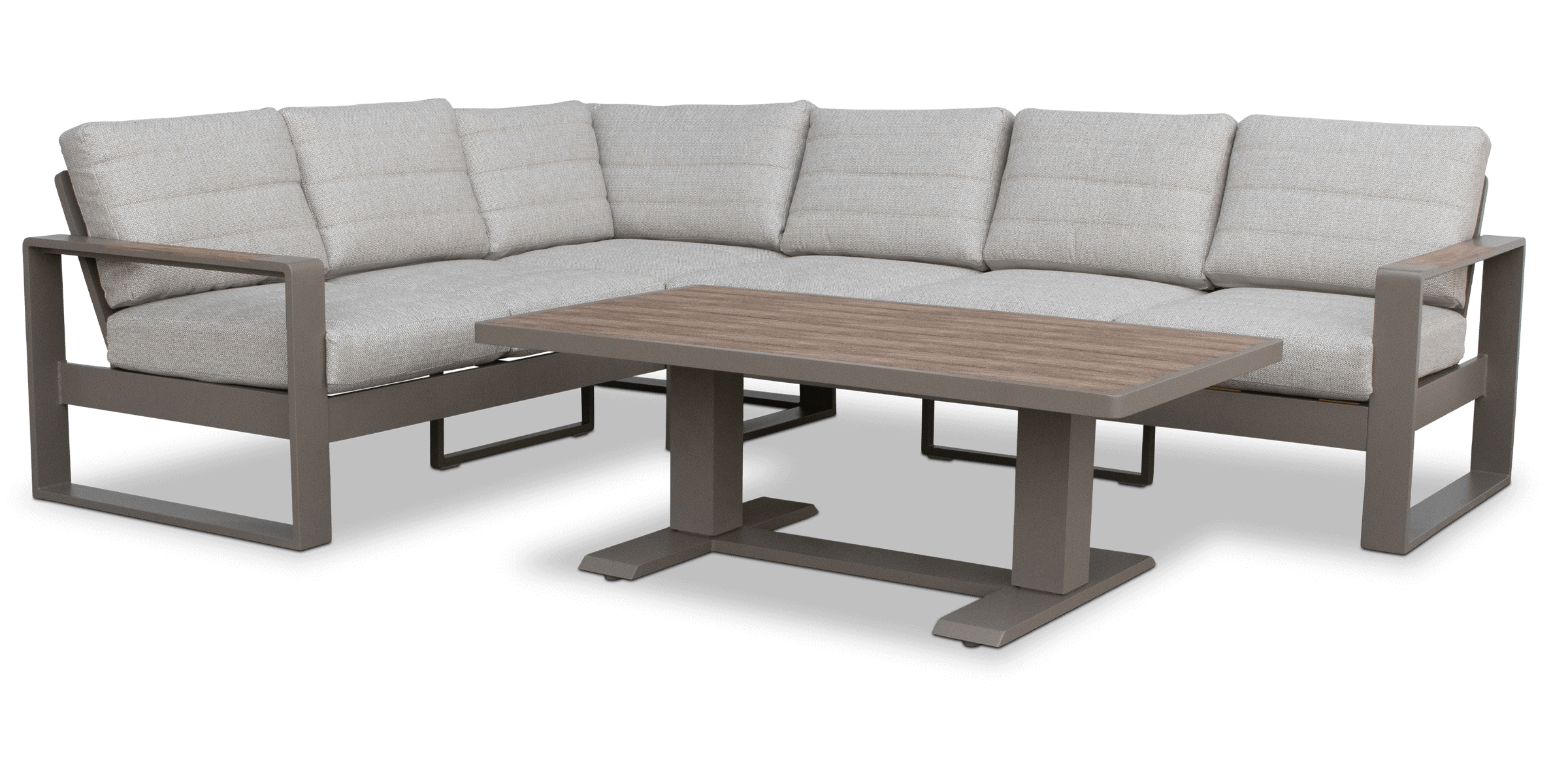 Positano Corner Lounge in Taupe with an Adjustable Coffee Table, Polywood Inset with Latte Check Spun Polyester Cushions