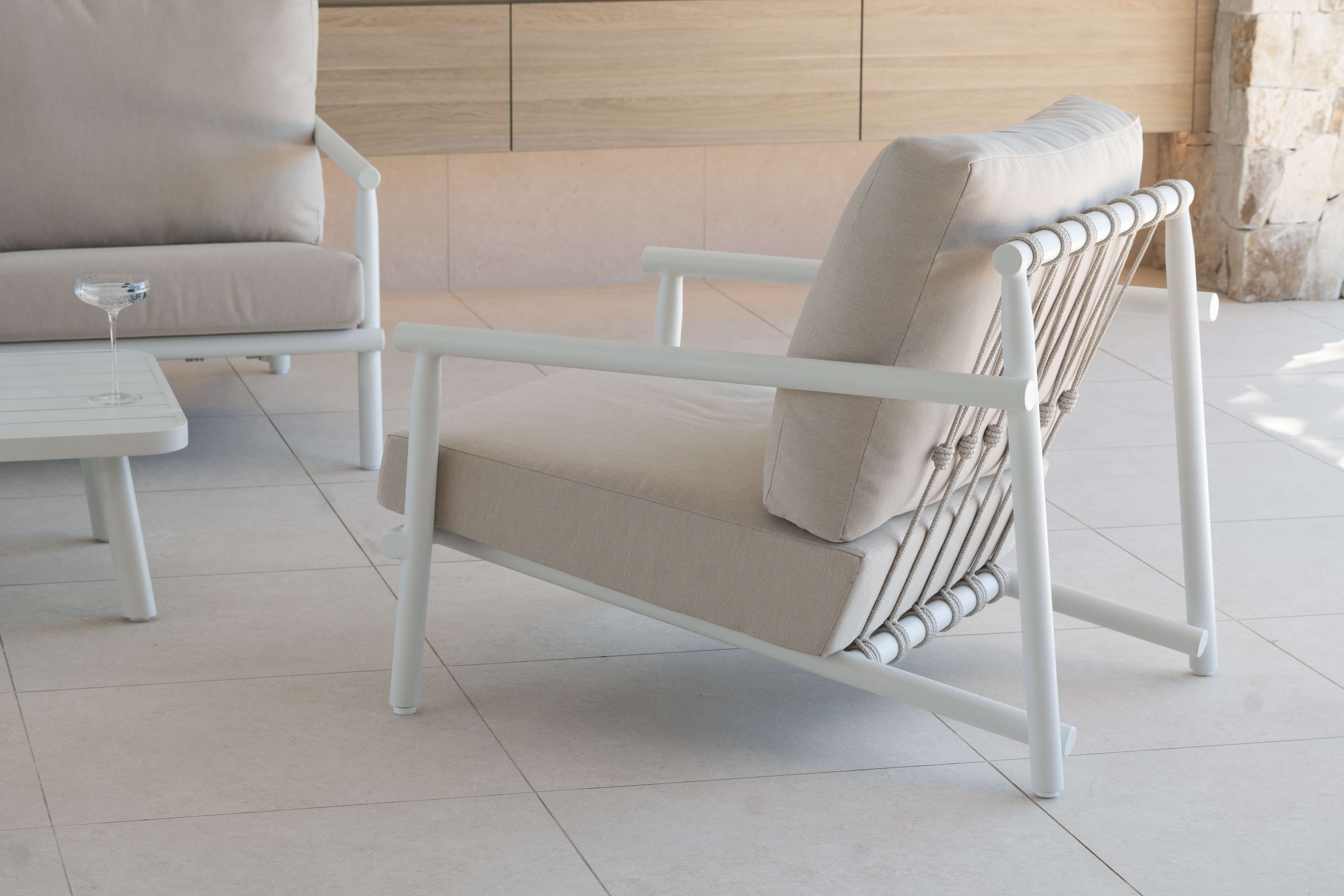 Havana Armchair in Arctic White with Dune Rope Inlay and Olefin Cushions