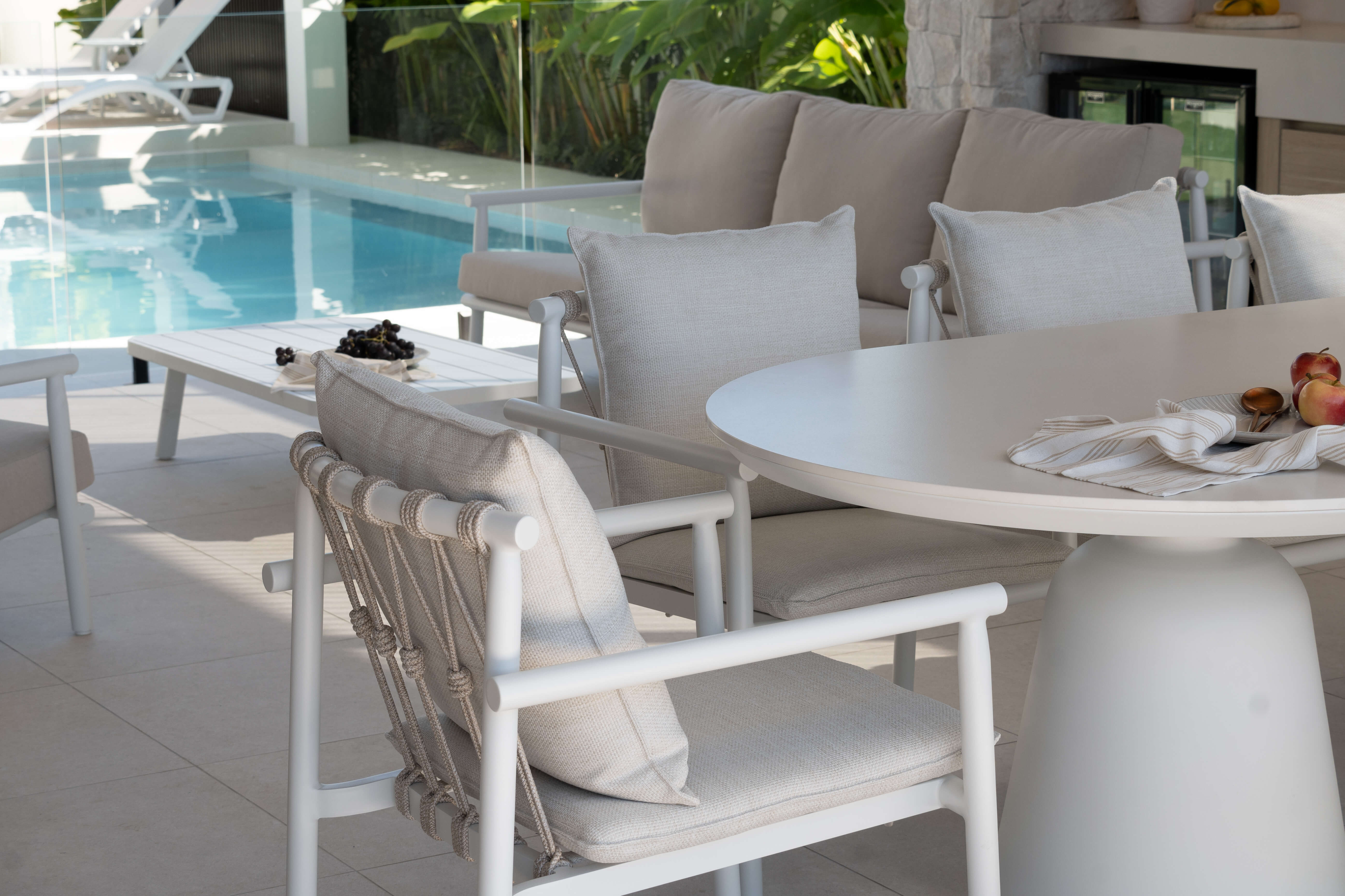 Havana Dining Chair in Arctic White with Dune Rope Inlay and Olefin Cushions