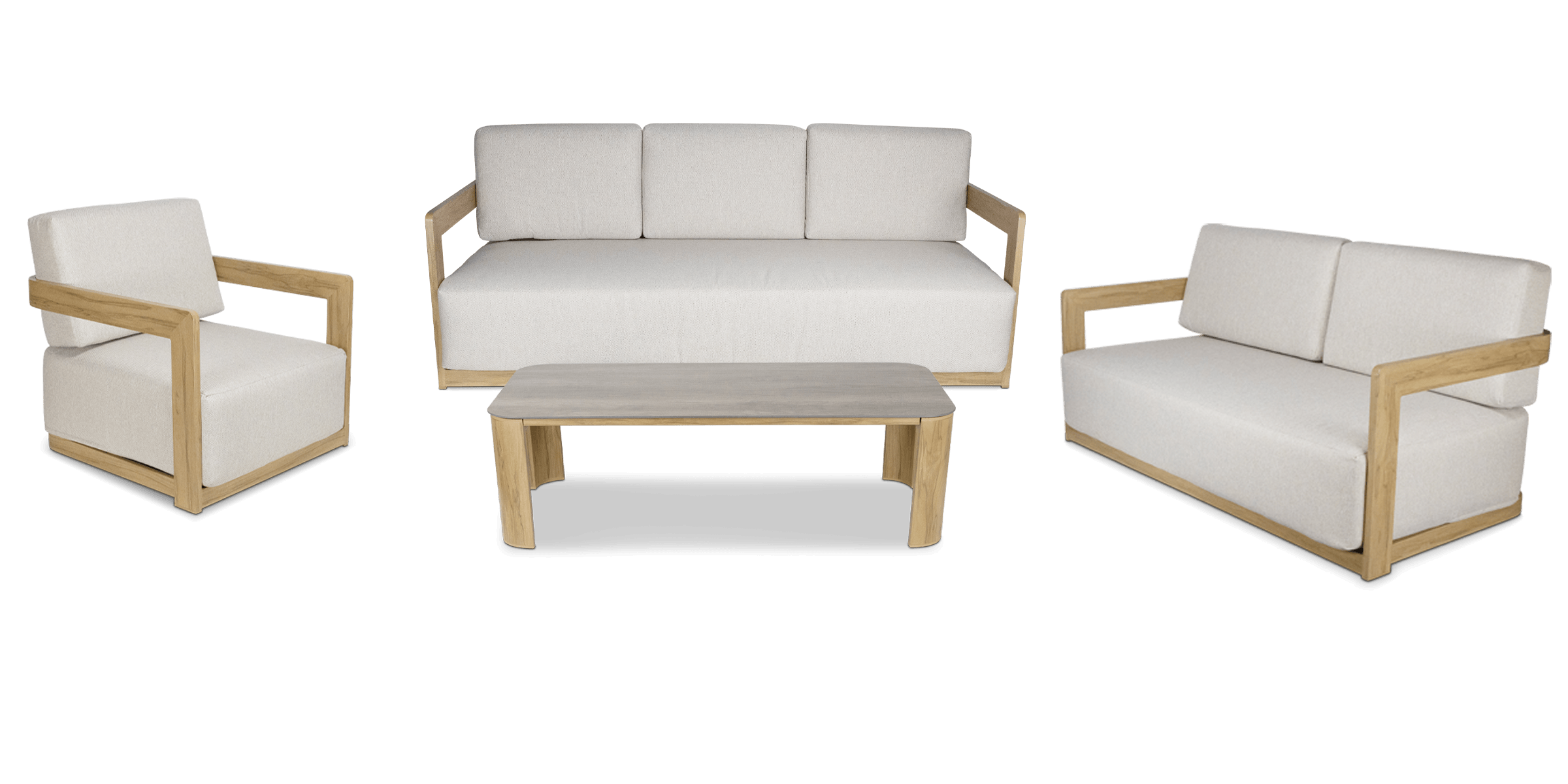 Eclipse 4pc Lounge Set in Sofe Beige Olefin Cushions and Teak Finish Aluminium Frame
