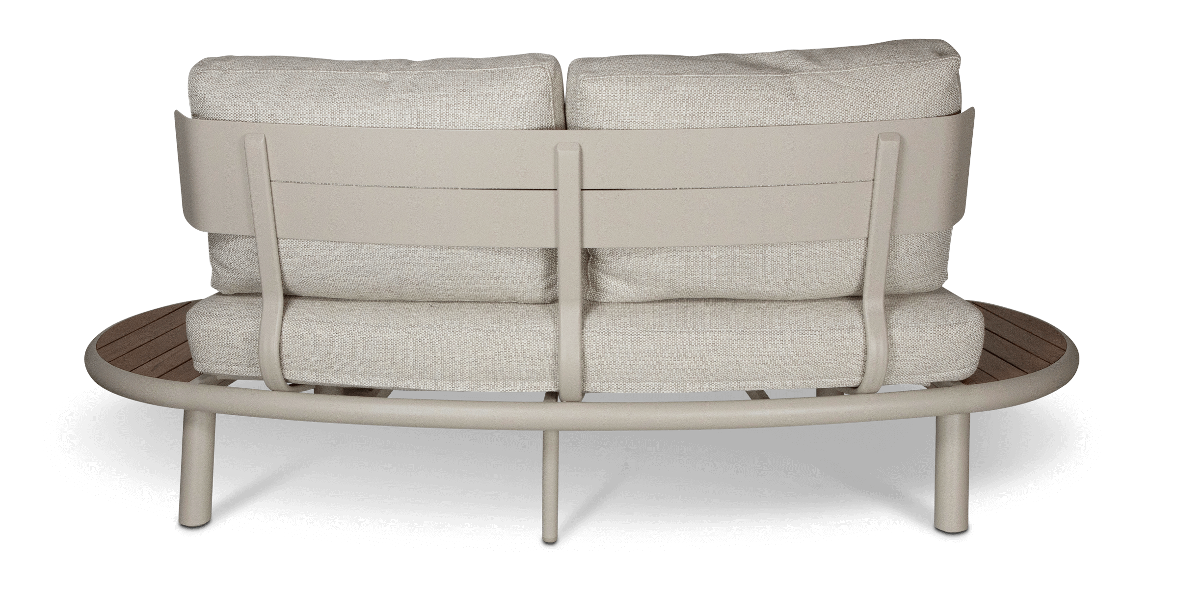 Evoke Curved 2 Seater Lounge in Fawn and Latte Check Fabric with Teak Accent