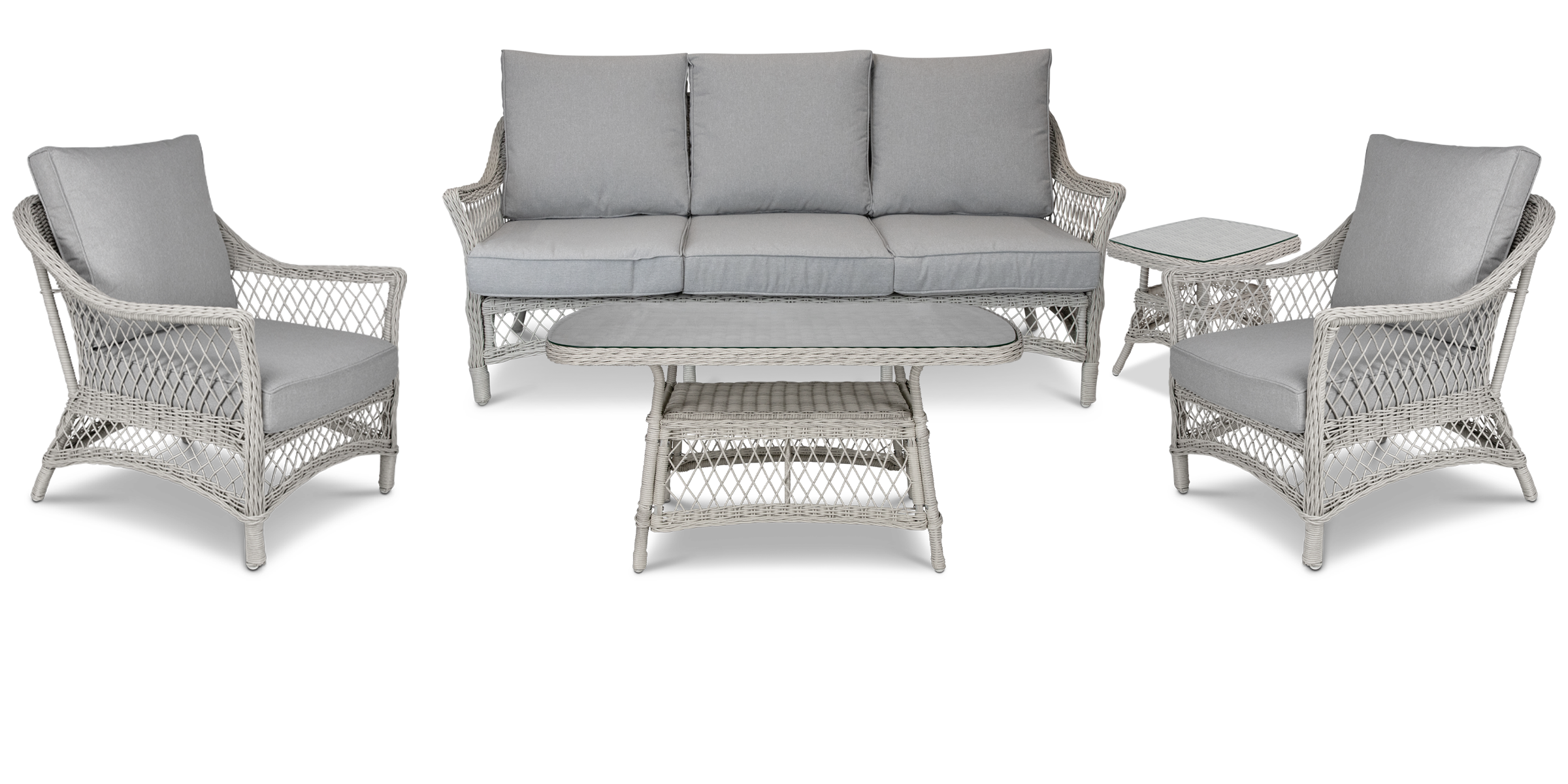 Hamptons Outdoor Wicker Lounge with 3 Seater, 2 x Armchairs, Coffee & Side Table in Dune Spunpoly Cushions