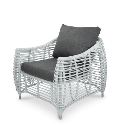 Barbados 2 Seater, 2 x Armchairs, Coffee & Side Table in Arctic White Wicker and Pebble Olefin Cushions