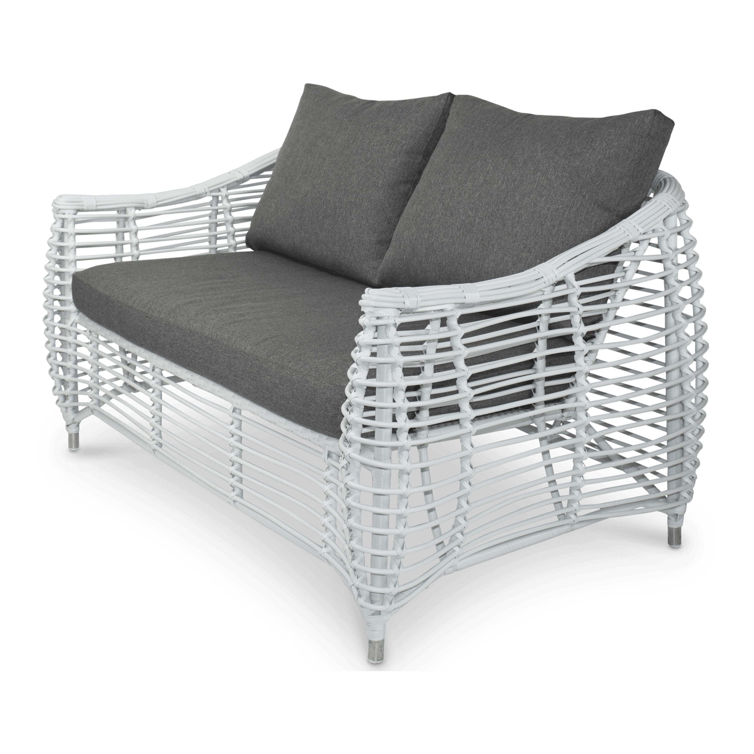 Barbados 2 Seater, 2 x Armchairs, Coffee & Side Table in Arctic White Wicker and Pebble Olefin Cushions