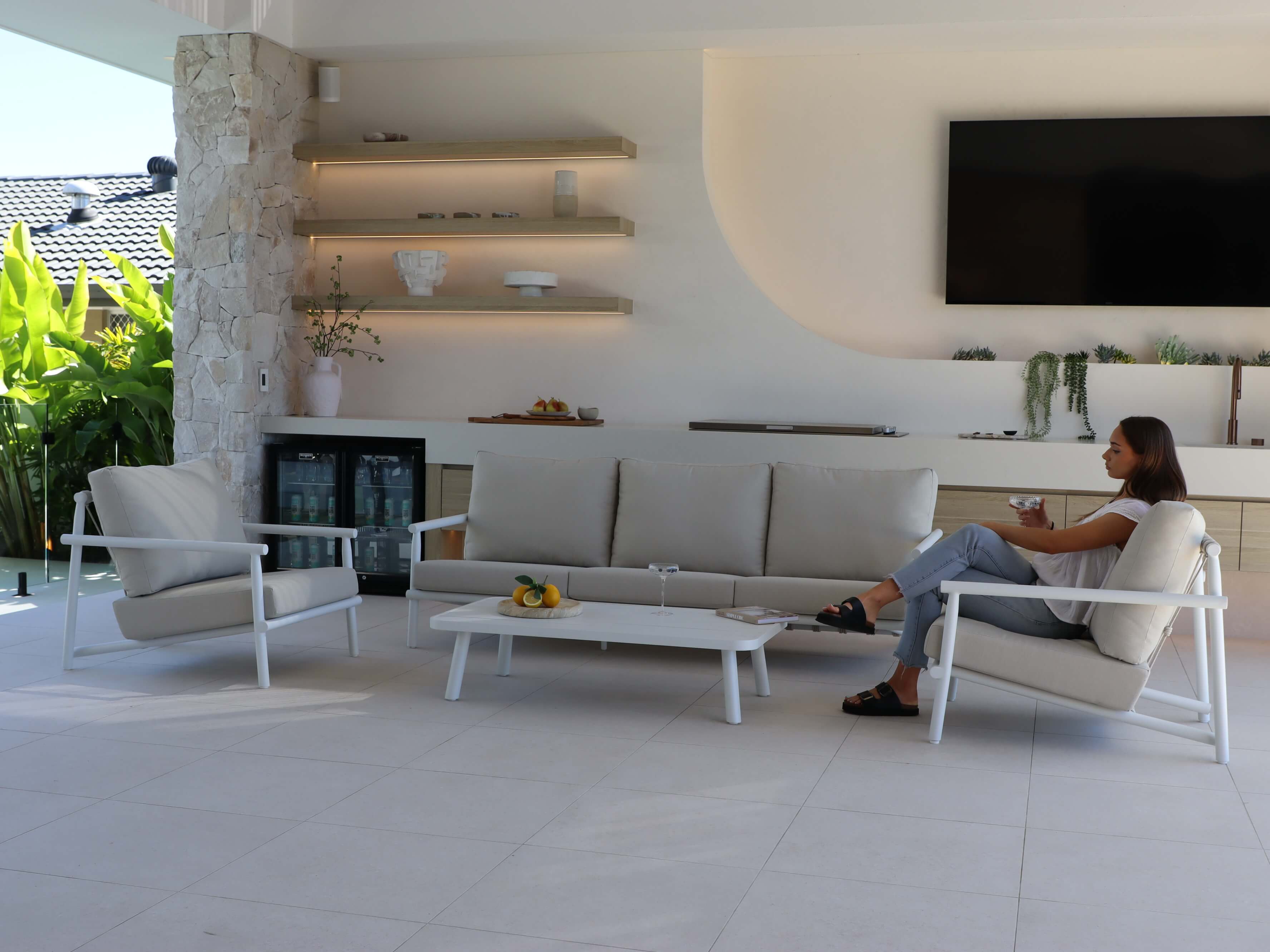 Havana 3 Seater with 2 x Armchair and Coffee Table in Arctic White with Dune Rope Inlay and Olefin Cushions