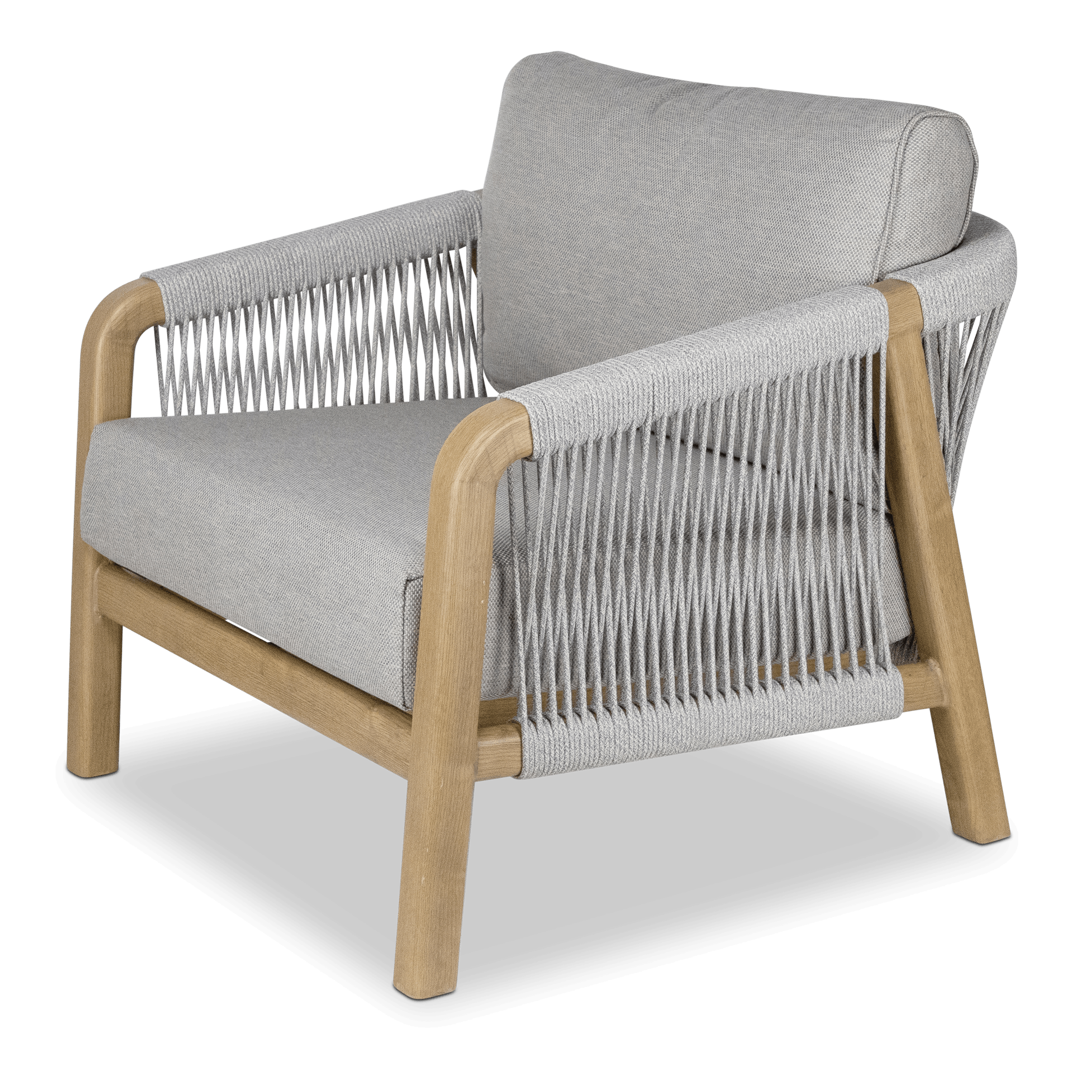Daintree Armchair with Pebble Olefin Rope, Pebble Olefin Cushions and Teak Look Aluminium Frame