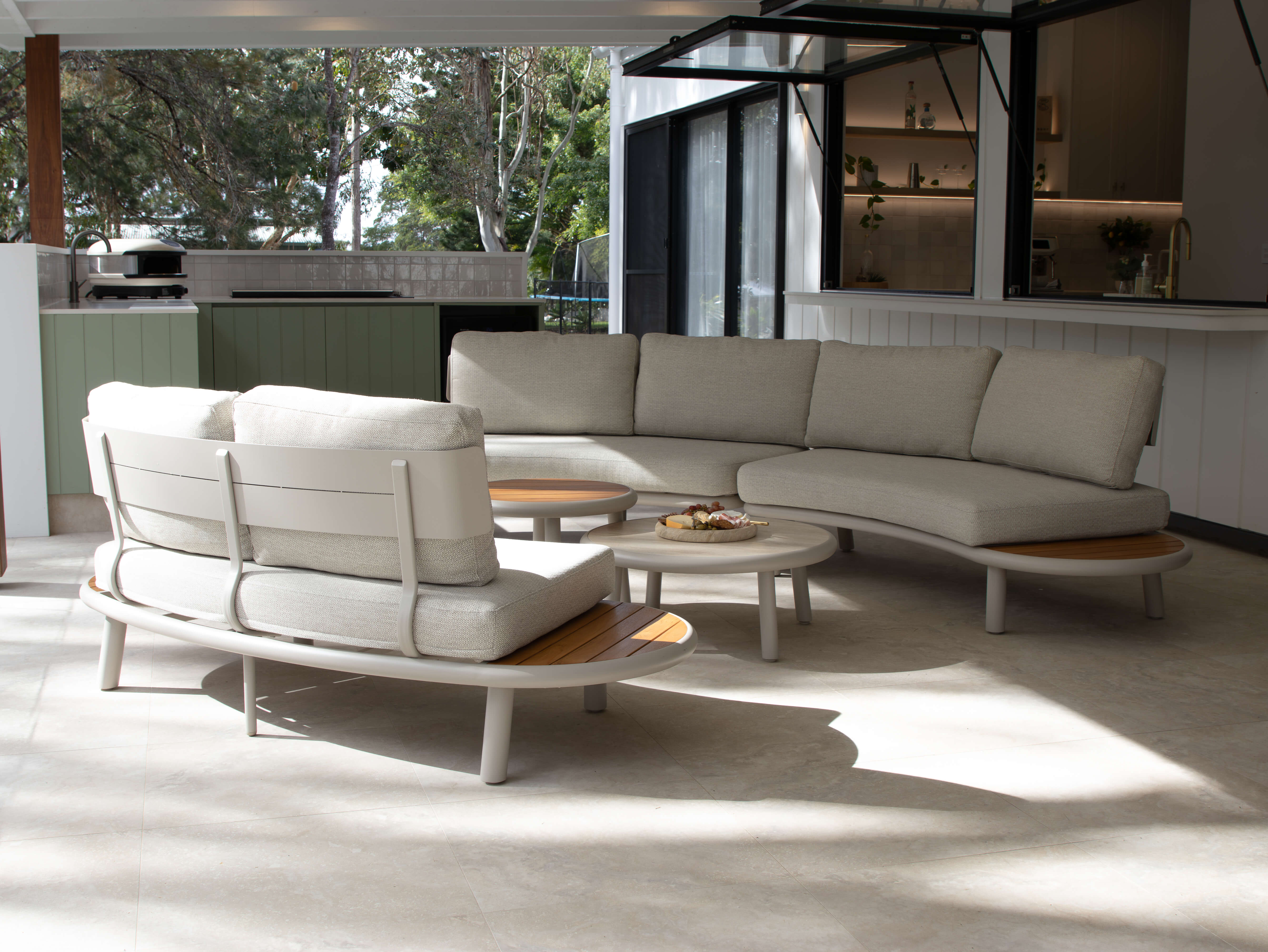 Evoke Curved 4pc Lounge Set in Fawn and Latte Check Cushions