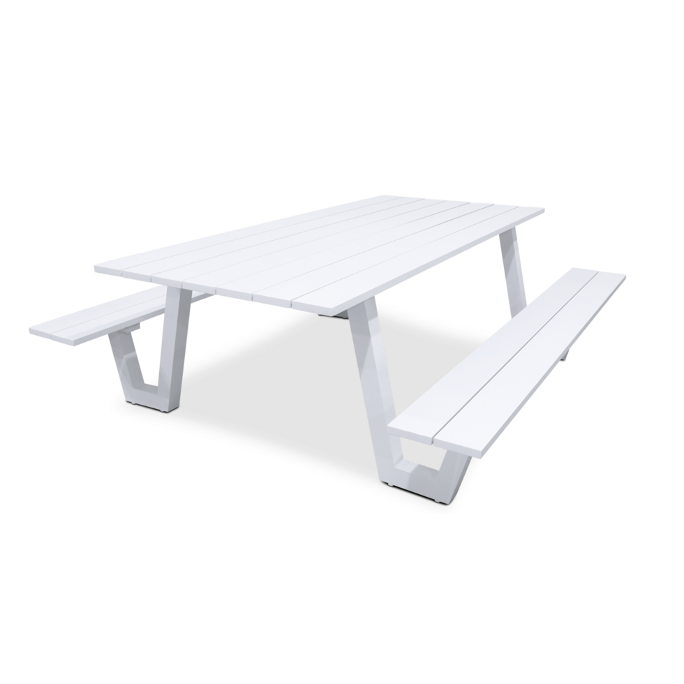 Mediterranean Dining Table and Bench Set in Arctic White Aluminium - The Furniture Shack