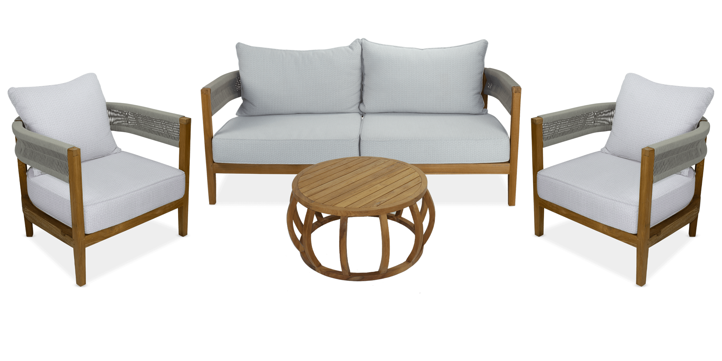 Pacific 3 Seater, 2 x Armchair & Coffee Table in Premium Natural Teak and Stone Check Sunproof All Weather Fabric