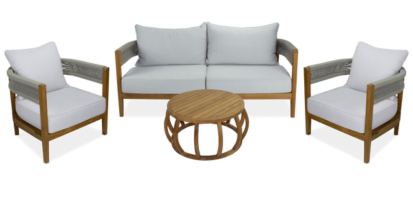 Pacific 3 Seater, 2 x Armchair & Coffee Table in Premium Natural Teak and Stone Check Sunproof All Weather Fabric