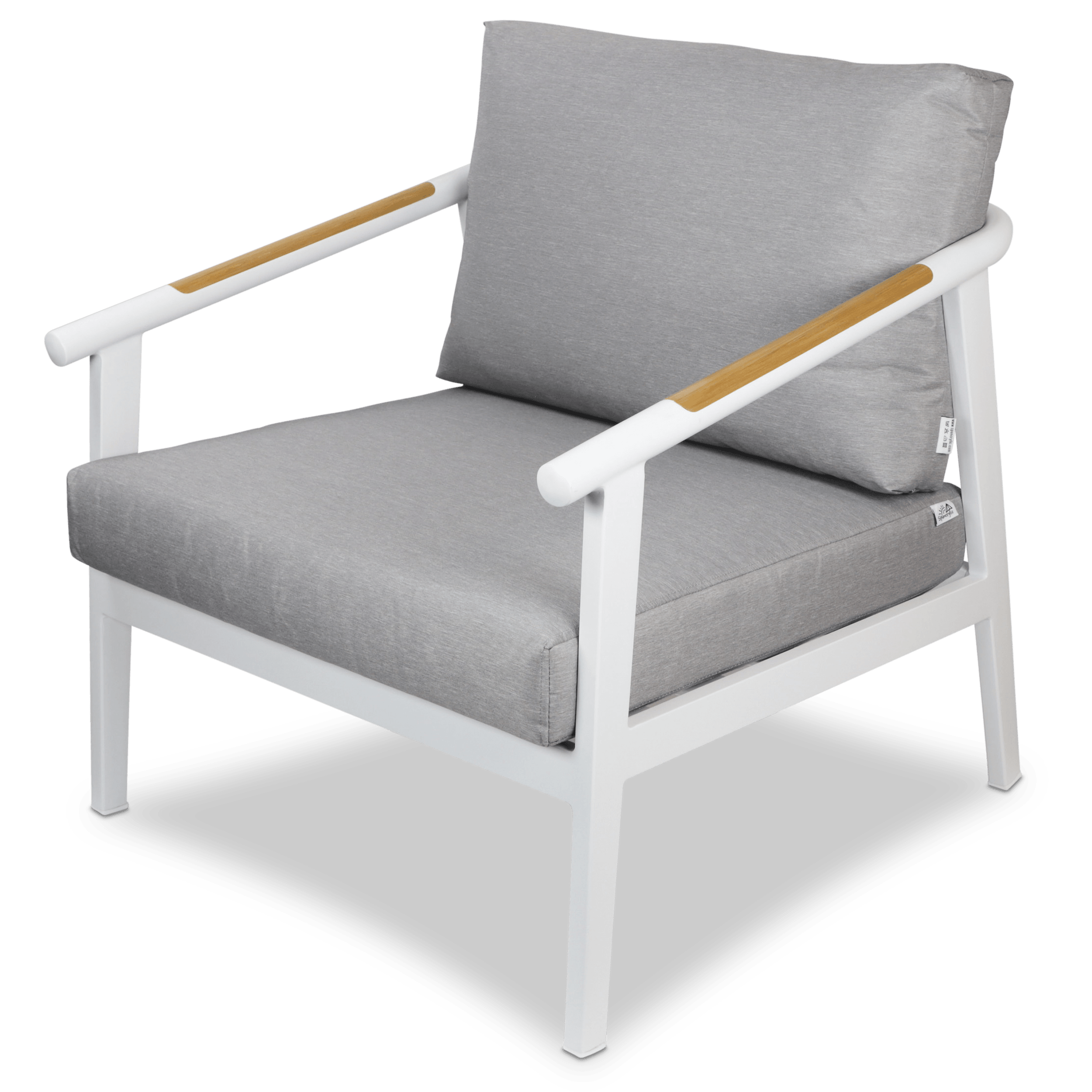 Porto Outdoor Armchair in Arctic White Aluminium Frame with Teak Polywood Accent and Spuncrylic Stone Grey Cushions