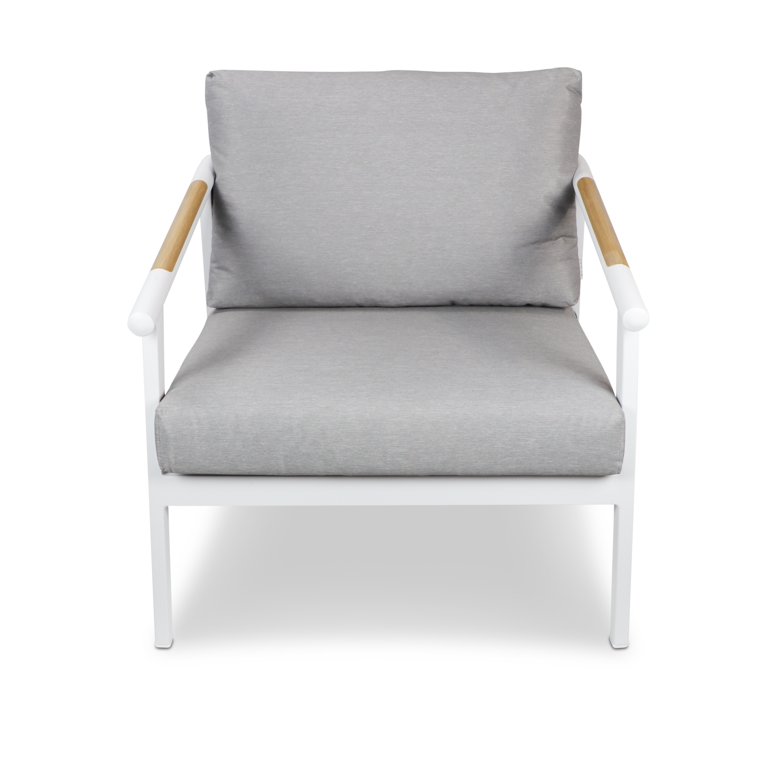 Porto 3 Seater with 2 x Armchair in Arctic White with Teak Polywood Accent and Spuncrylic Stone Grey Cushions