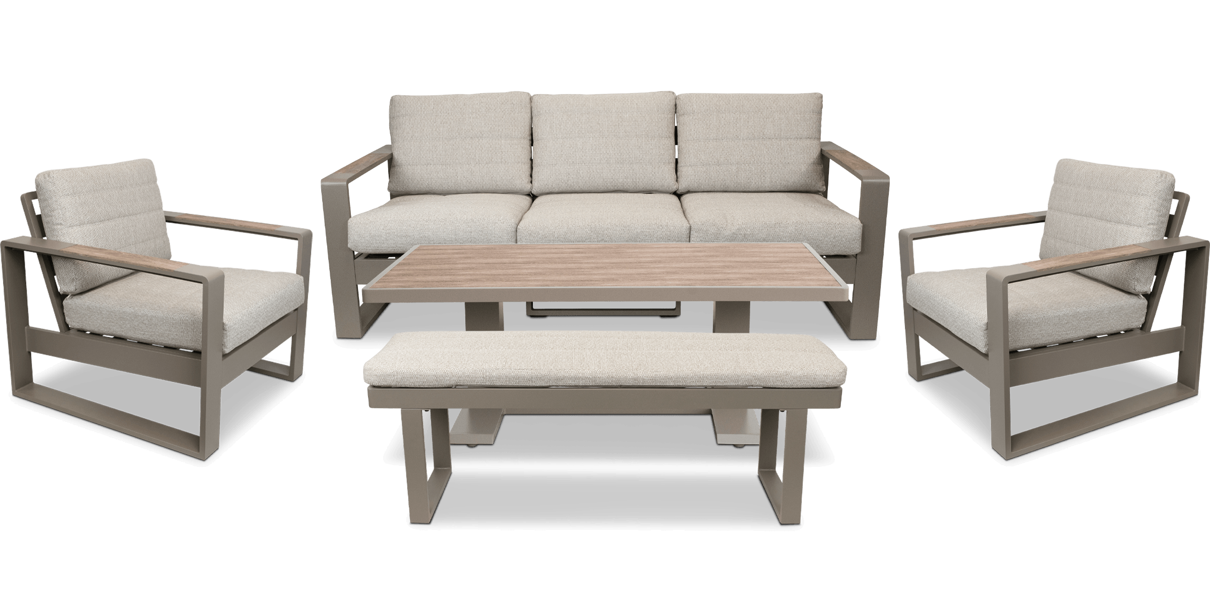 Positano 5 piece lounge in Taupe with Polywood Inset with Aveiro Adjustable Height Coffee Table