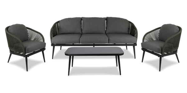 Santa Monica 3 Seater, 2 x Armchair and Coffee Table with Soft Ash Olefin Cushions, Bonsai Olefin Rope and Gunmetal Aluminium Frame