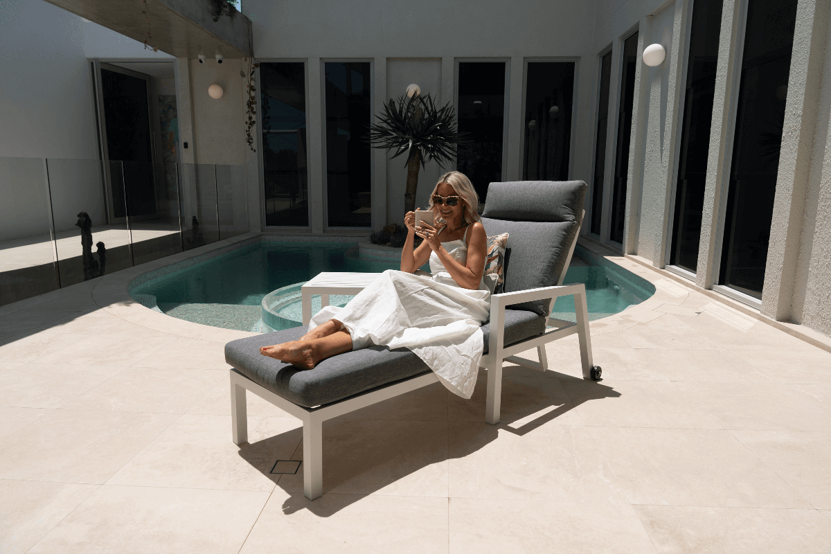 San Sebastian Reclining Sunlounger in Arctic White and Platinum Olefin Cushions - The Furniture Shack