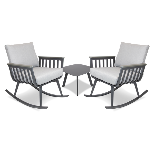 Sorrento Rocker 3pc Occasional Set in Gunmetal with Polywood Teak Accent and Spuncrylic Stone Grey Cushions