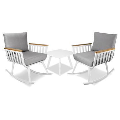 Sorrento Rocker 3pc Occasional Set in Arctic White with Polywood Teak Accent and Spuncrylic Stone Grey Cushions