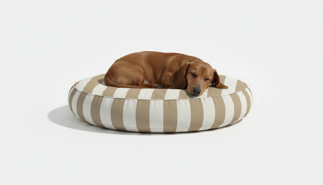 Pawesome Indoor/Outdoor Premium Round Dog Bed in Taupe Stripe
