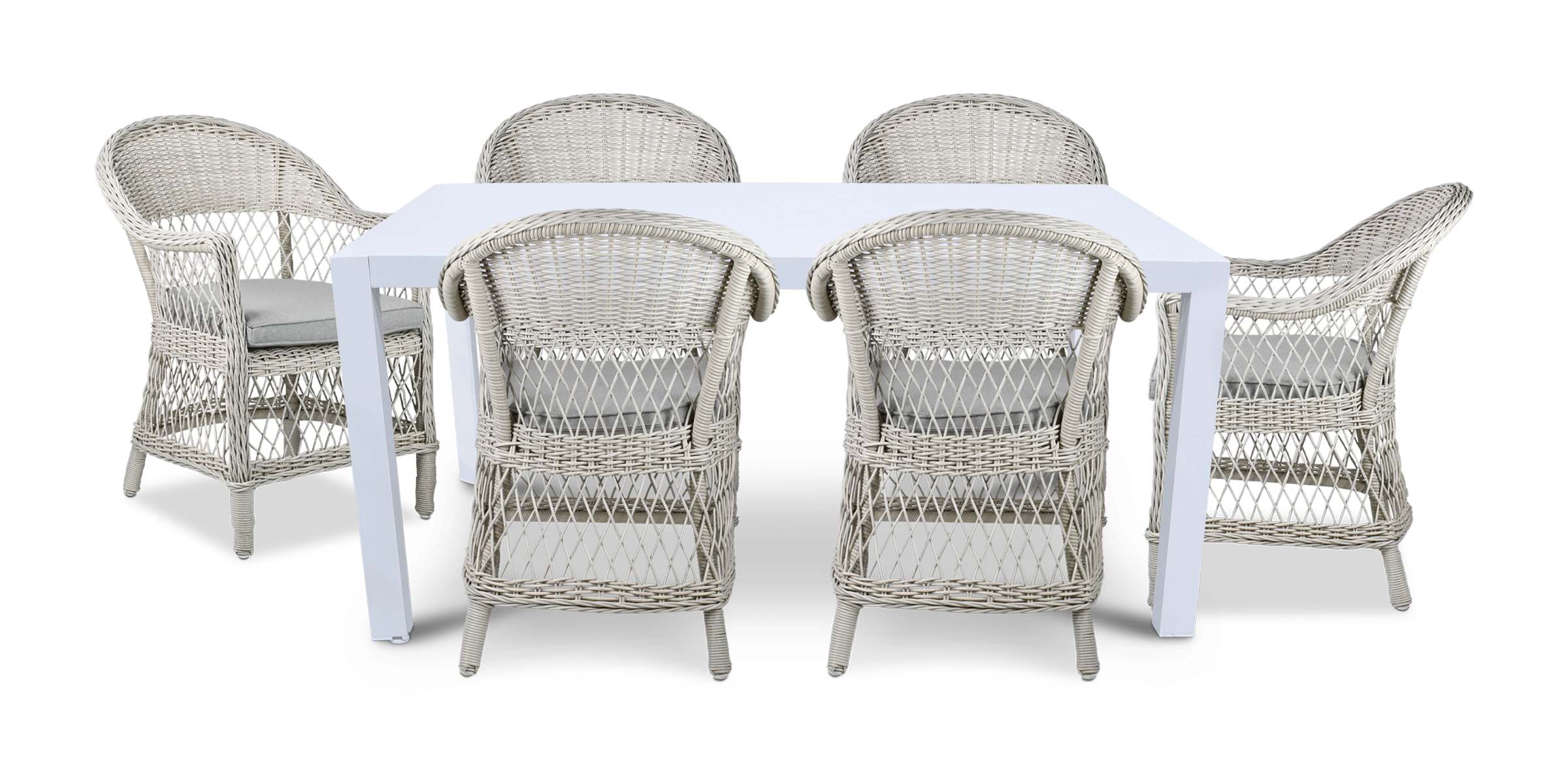 Bahamas Rectangle 7 Piece Outdoor Setting in Arctic White with Wicker Chairs