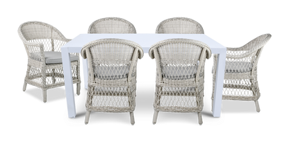 Bahamas Rectangle 7 Piece Outdoor Setting in Arctic White with Wicker Chairs