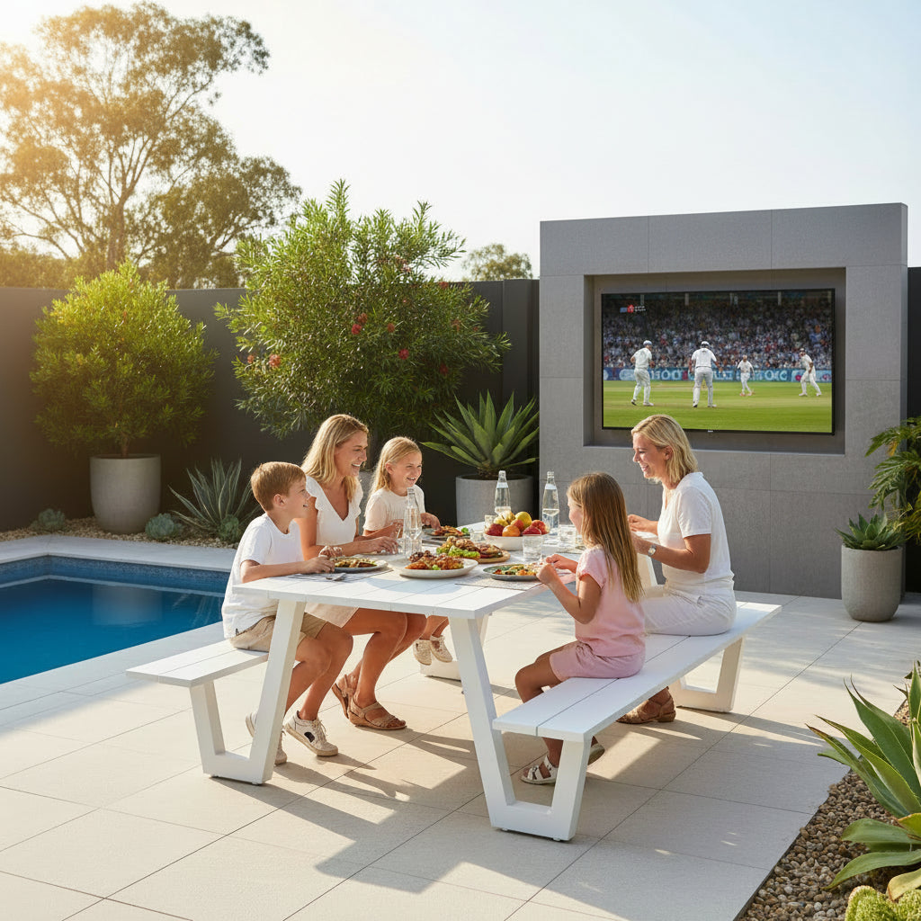 Mediterranean Dining Table and Bench Set in Arctic White Aluminium