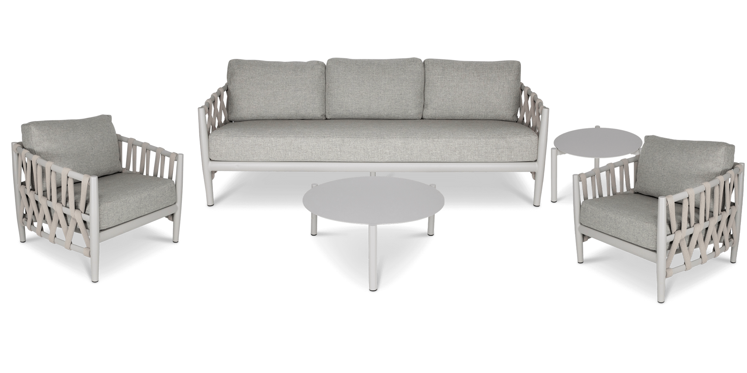 Kirra 3 Seater, 2 x Armchair, Coffee and Side Table in Fawn with Smoke Olefin Cushions and Rope