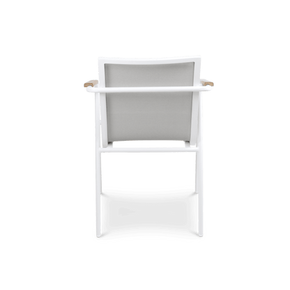 Capri Dining Chair in Arctic White Aluminium Frame with Polywood Teak Accent and Dune Textilene - The Furniture Shack