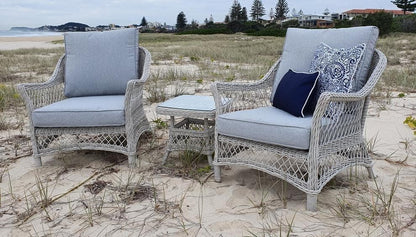 Hamptons 3pc Occasional Set in Surfmist Wicker and Dune Spunpoly Cushions - The Furniture Shack