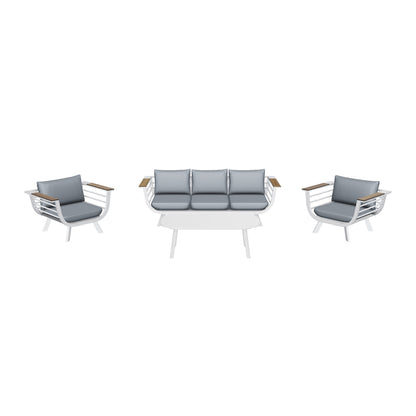 Amalfi 3 Seater with 2x Armchairs & Coffee Table in Arctic White with HPL Accent and Spuncrylic Stone Grey Cushions