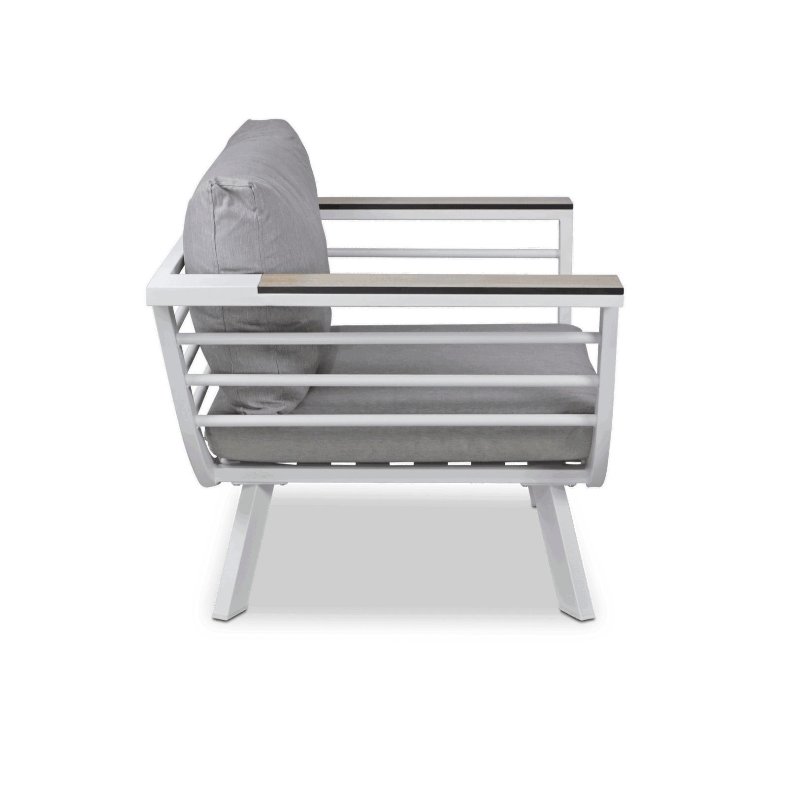 Amalfi Armchair in Arctic White with HPL Accent and Spuncrylic Stone Grey Cushions - The Furniture Shack