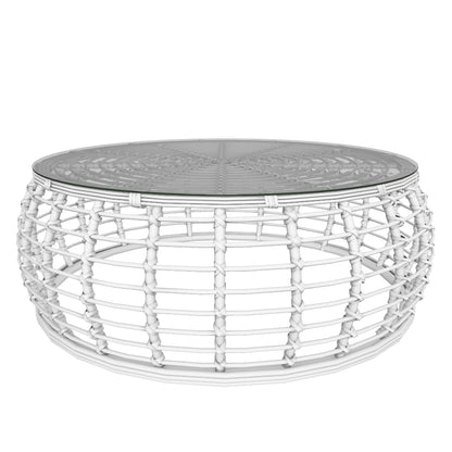 Barbados Outdoor Wicker Coffee Table in Arctic White with Glass Top