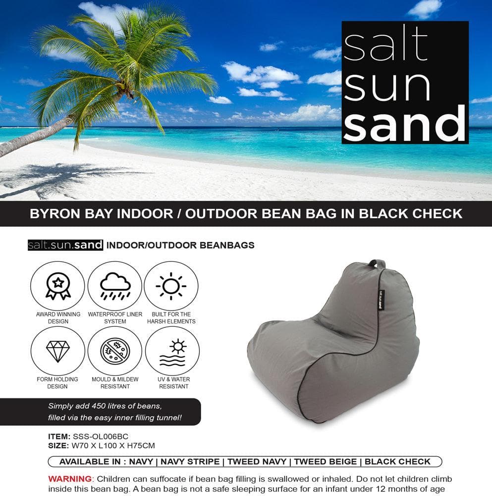 Byron Bay Indoor/Outdoor Bean Bag in Black Check - The Furniture Shack
