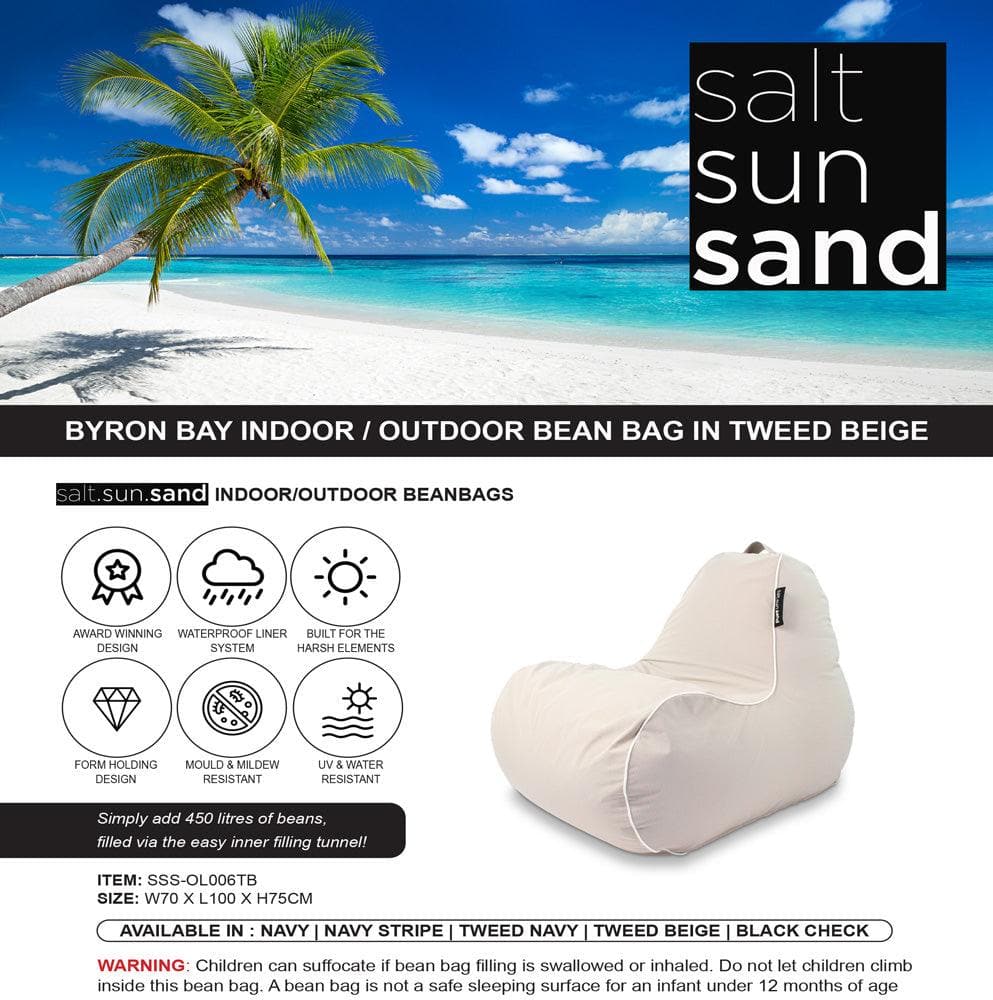 Byron Bay Indoor/Outdoor Bean Bag in Tweed Beige - The Furniture Shack