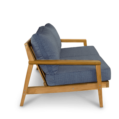 Riviera 2 Seater in Premium Natural Teak and Navy Check Sunproof All Weather Fabric - The Furniture Shack