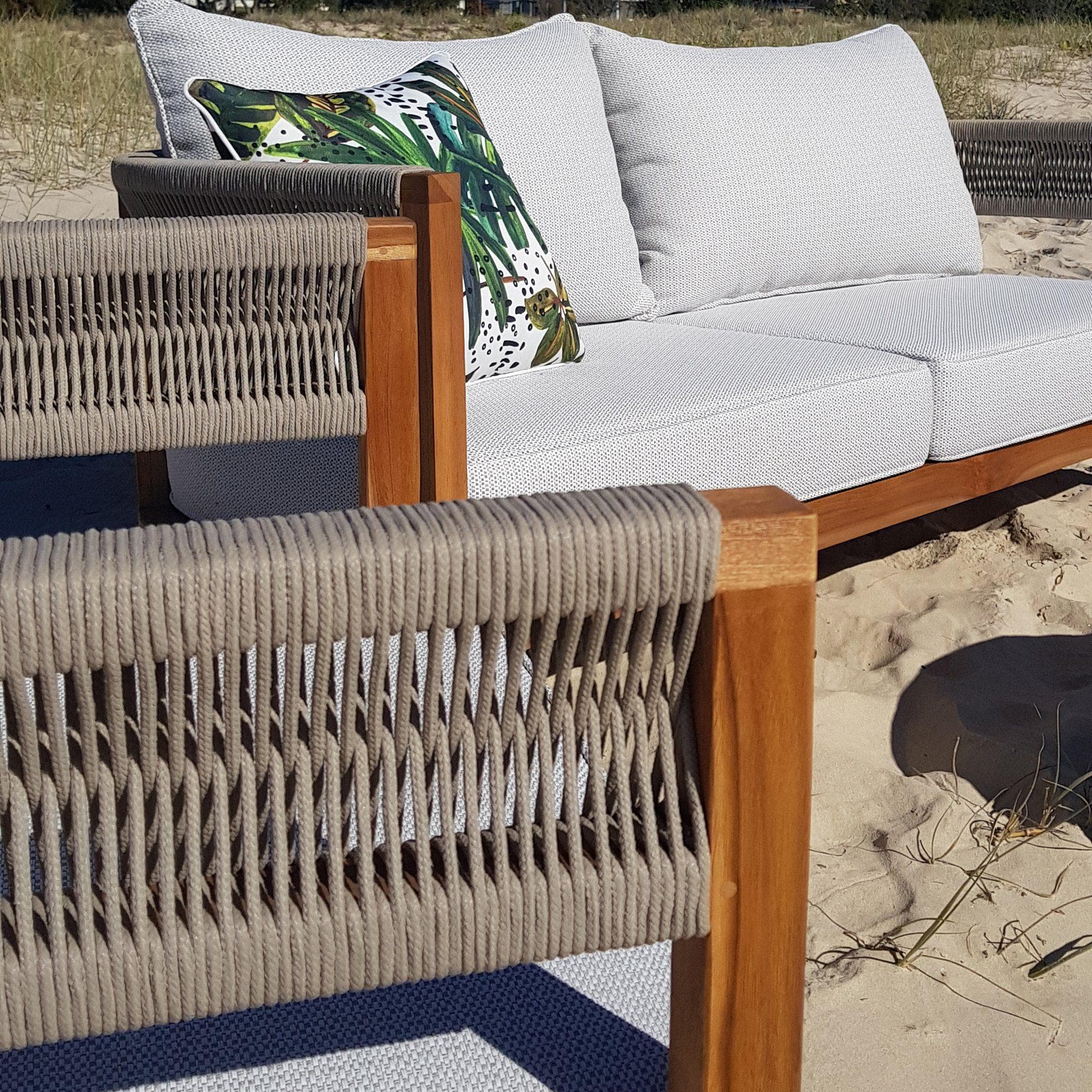Pacific 3 Seater in Premium Natural Teak and Stone Check Sunproof All Weather Fabric - The Furniture Shack