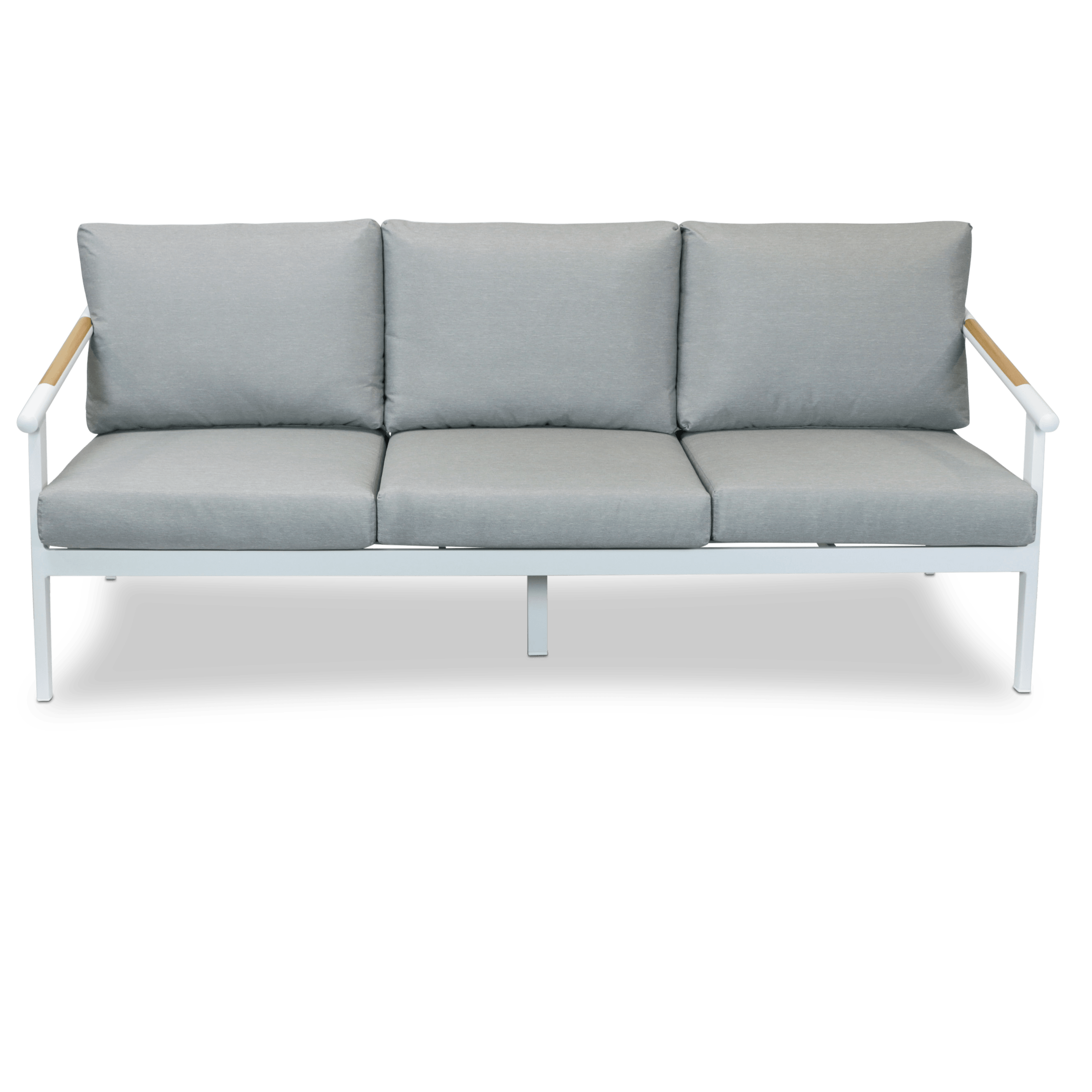 Porto 3 Seater in Arctic White Aluminium Frame with Teak Polywood Accent and Spuncrylic Stone Grey Cushions - The Furniture Shack