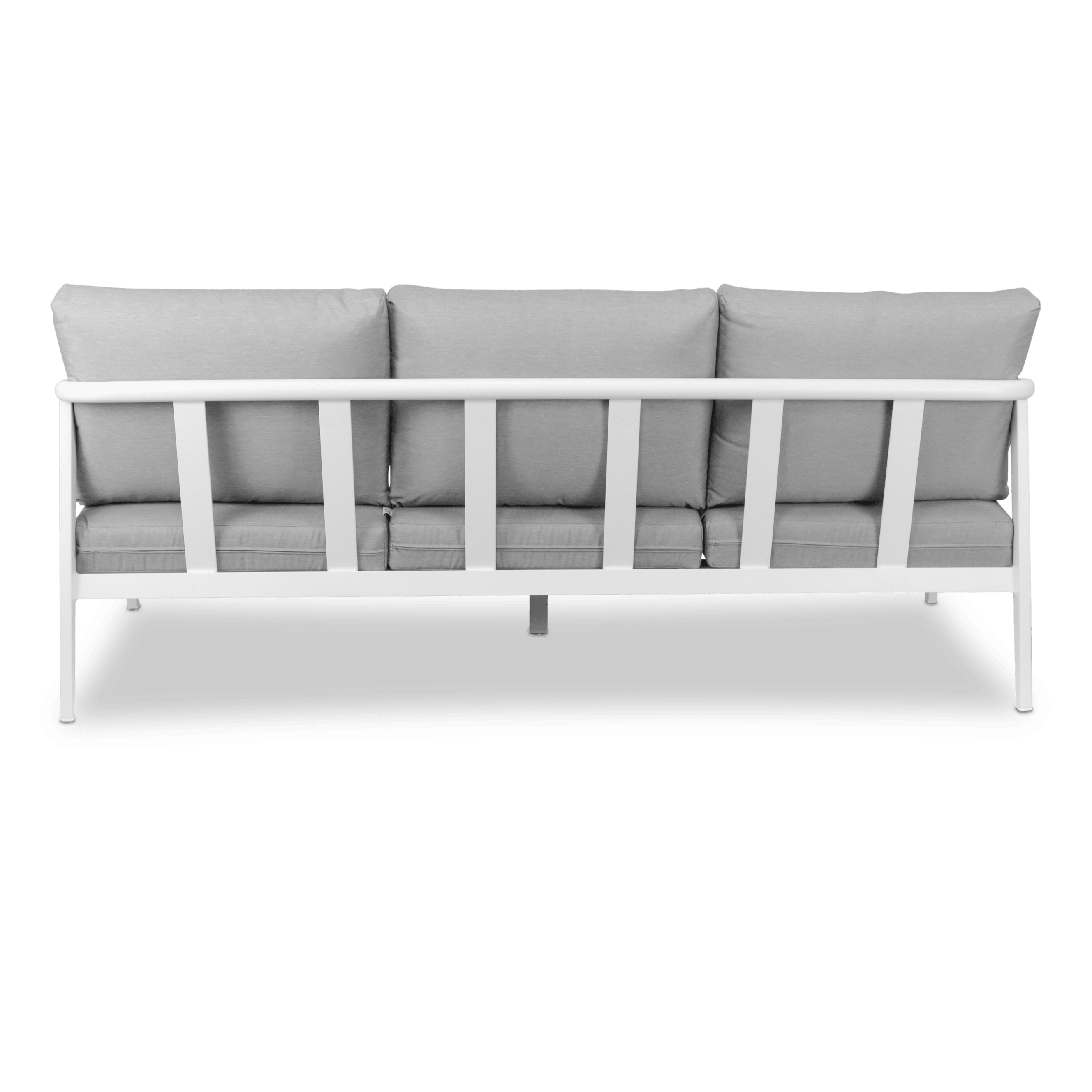 Porto 3 Seater in Arctic White Aluminium Frame with Teak Polywood Accent and Spuncrylic Stone Grey Cushions - The Furniture Shack